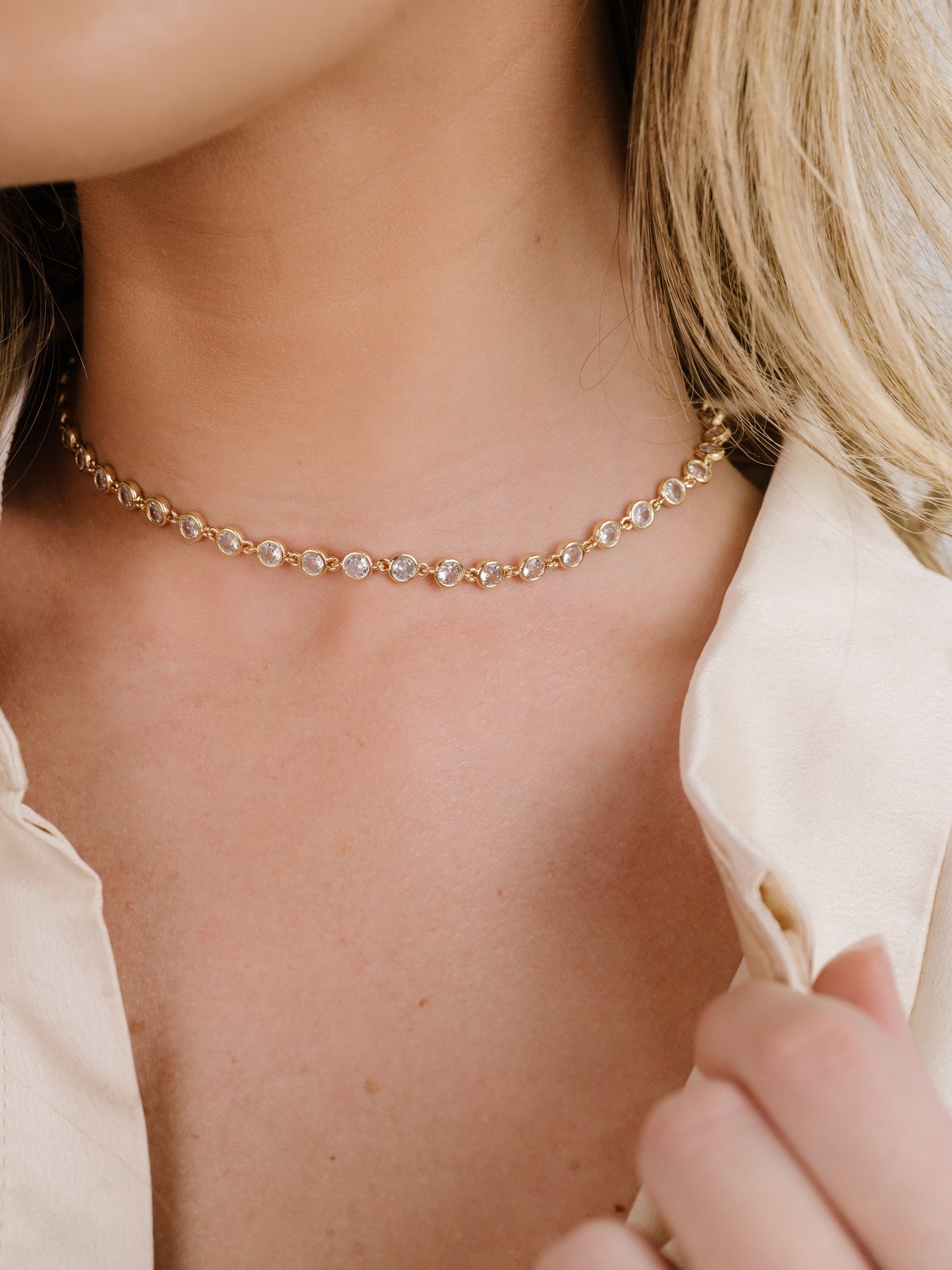 Crystal Disc and Link Necklace on model 7