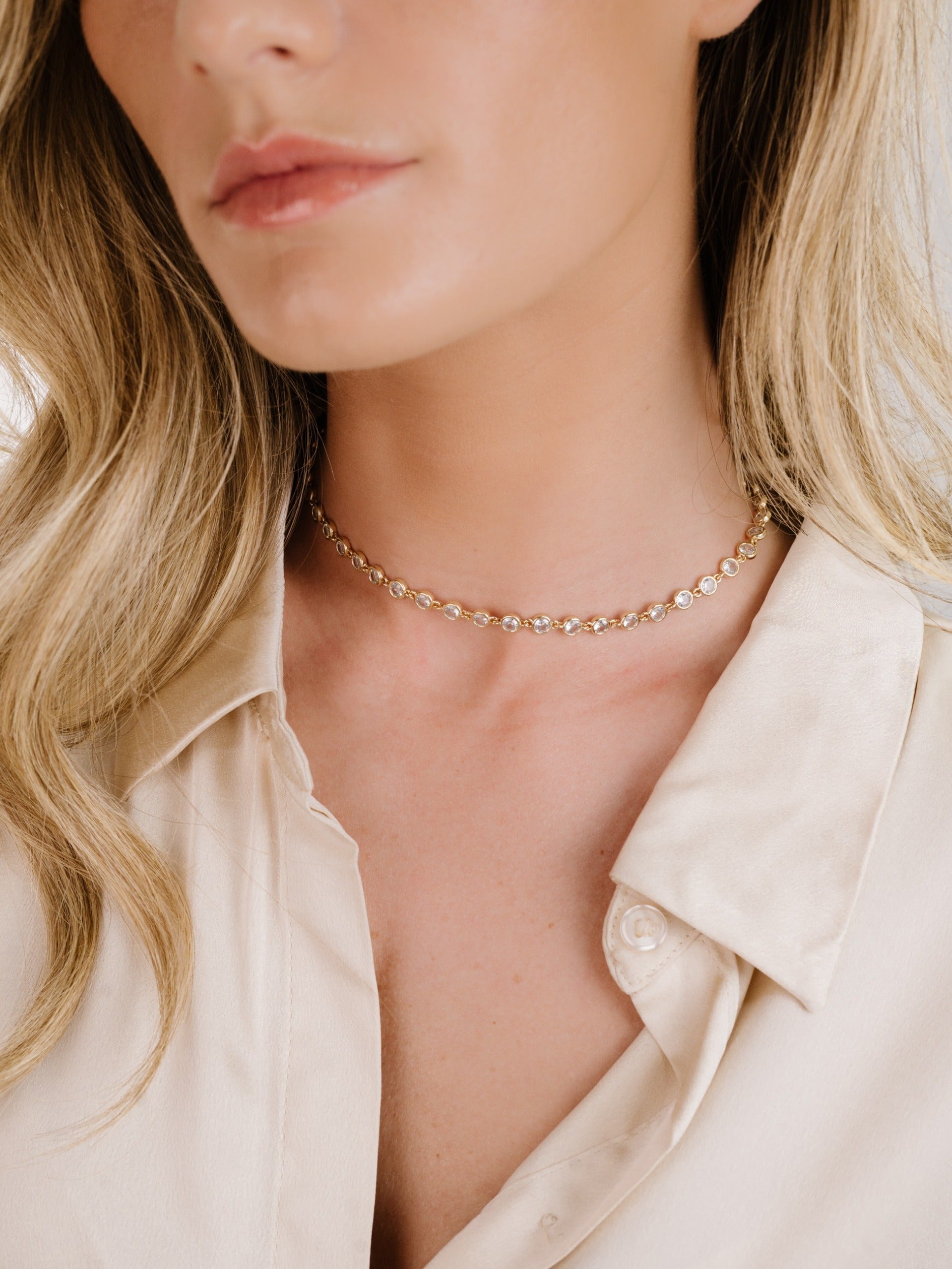 Crystal Disc and Link Necklace on model 4