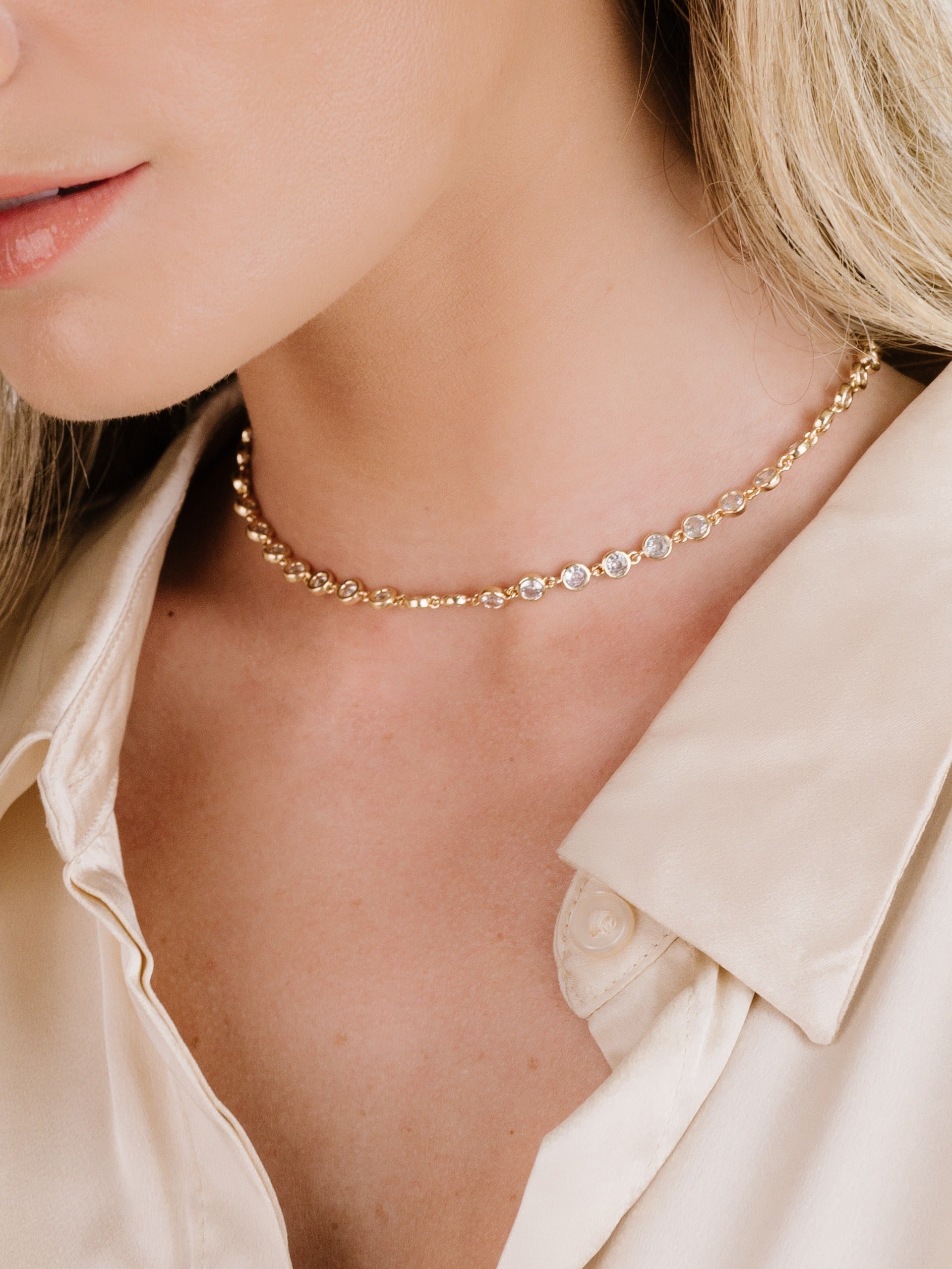 Crystal Disc and Link Necklace on model