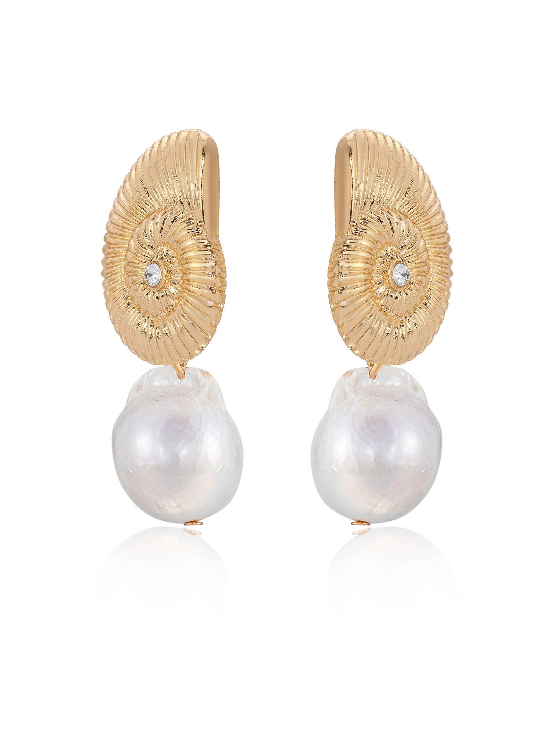 Nautilus Shell Freshwater Pearl Dangle Earrings full