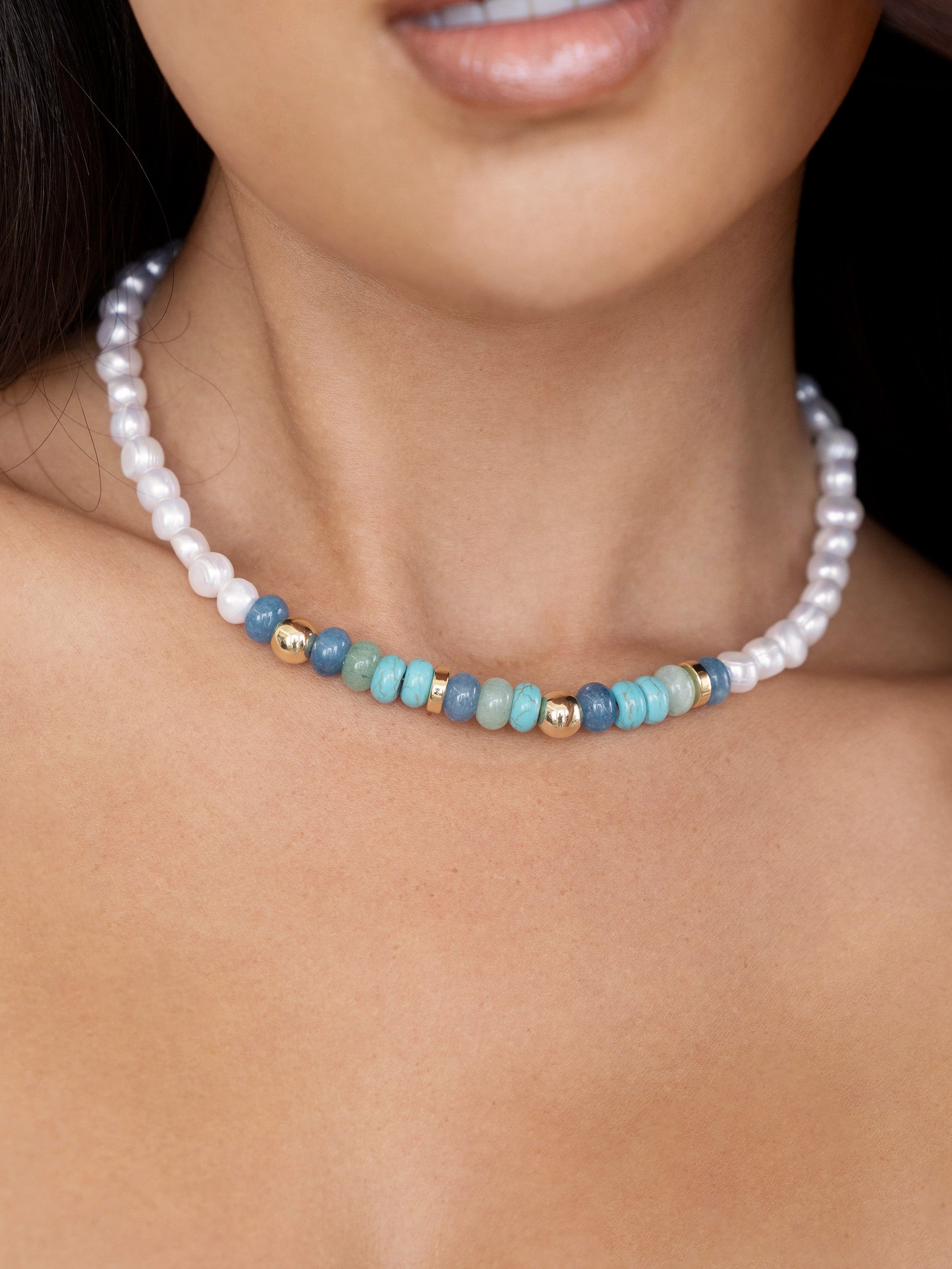 Beach Day Pearl and Blue Gemstone Necklace on model