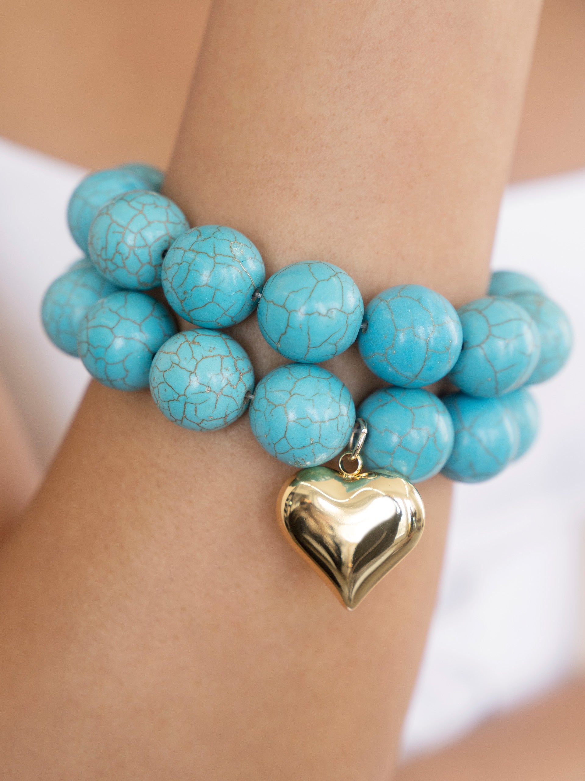 Luck and Love Turquoise Elastic Bracelet Set on model 3