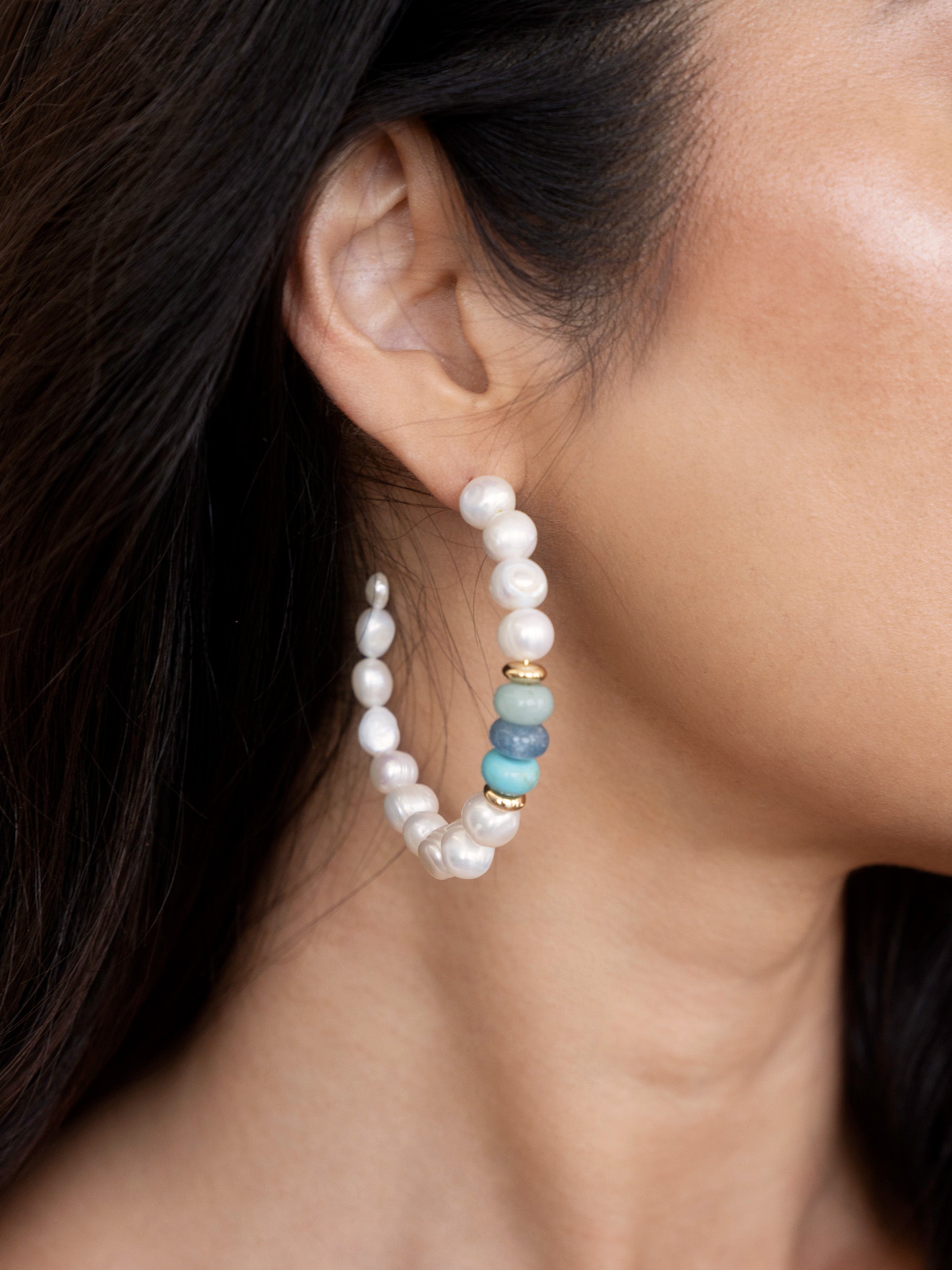 Beach Day Pearl and Blue Gemstone Hoop Earrings on model