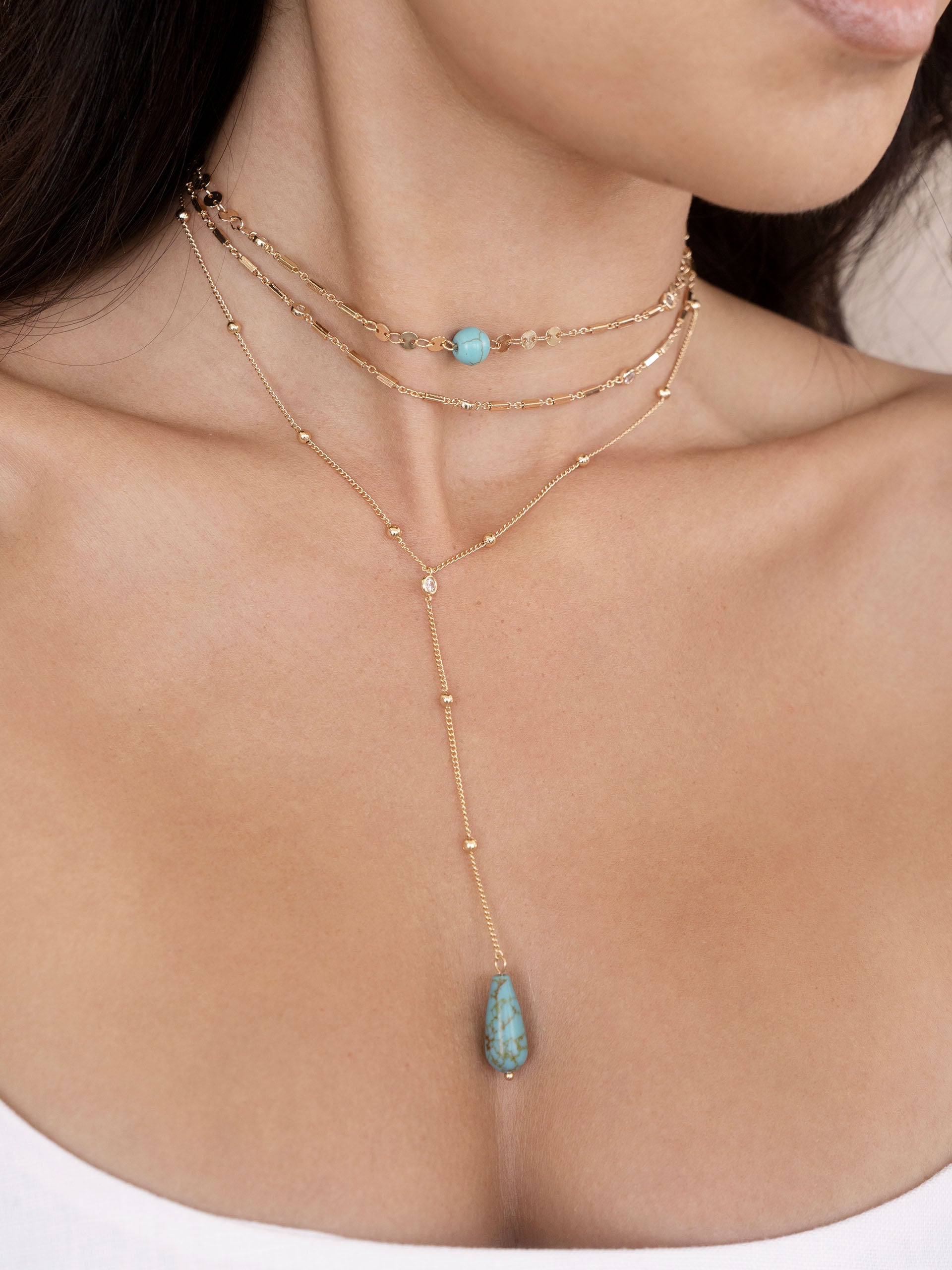 Forever Falling Turquoise Multi-Chain Lariat Choker on model