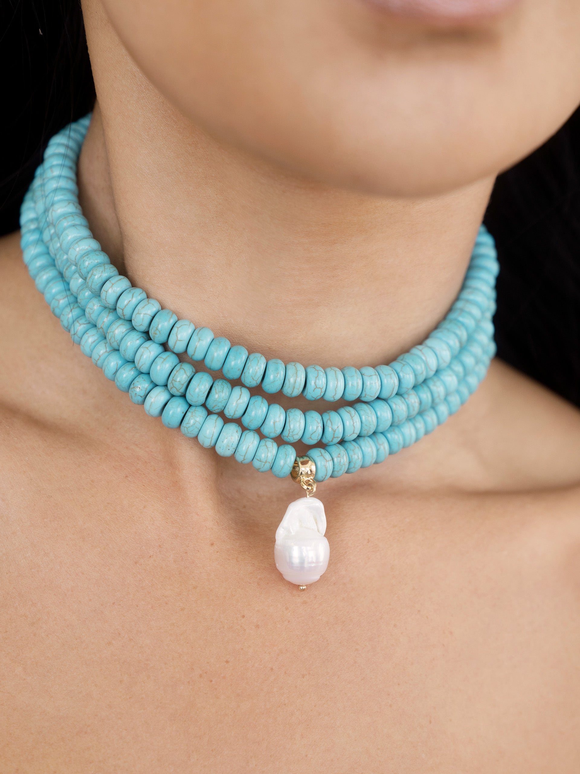 Marina Layers Turquoise Beaded Pearl Pendant Necklace on model