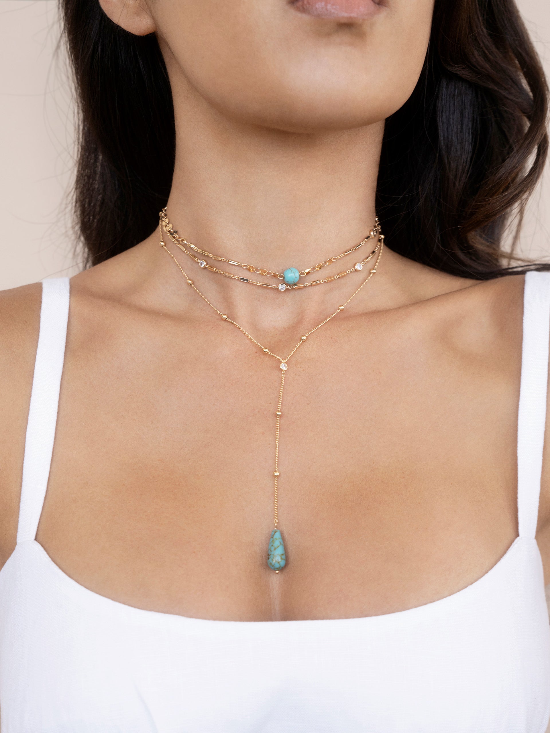 Forever Falling Turquoise Multi-Chain Lariat Choker on model 2