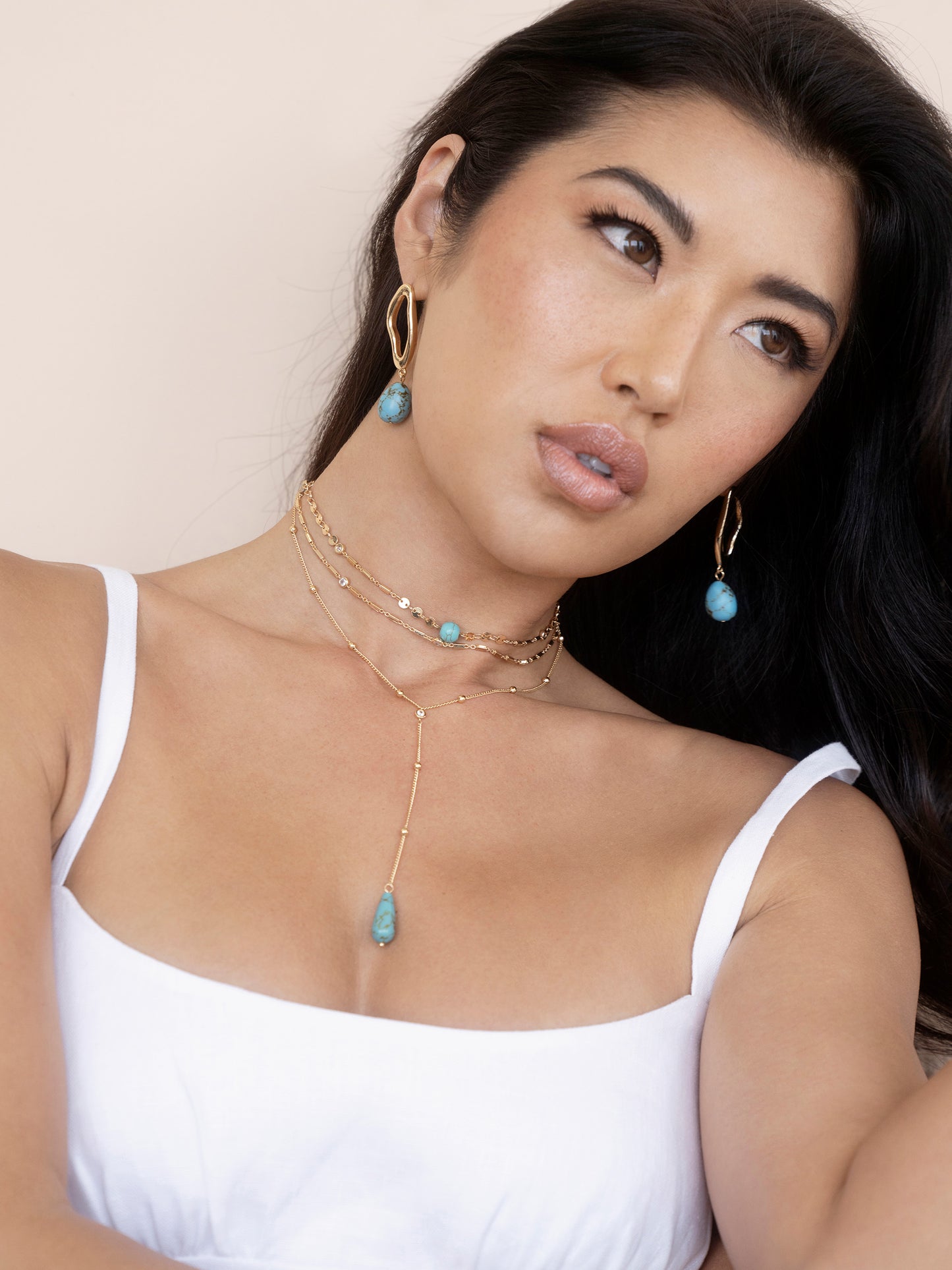 Forever Falling Turquoise Multi-Chain Lariat Choker on model 3