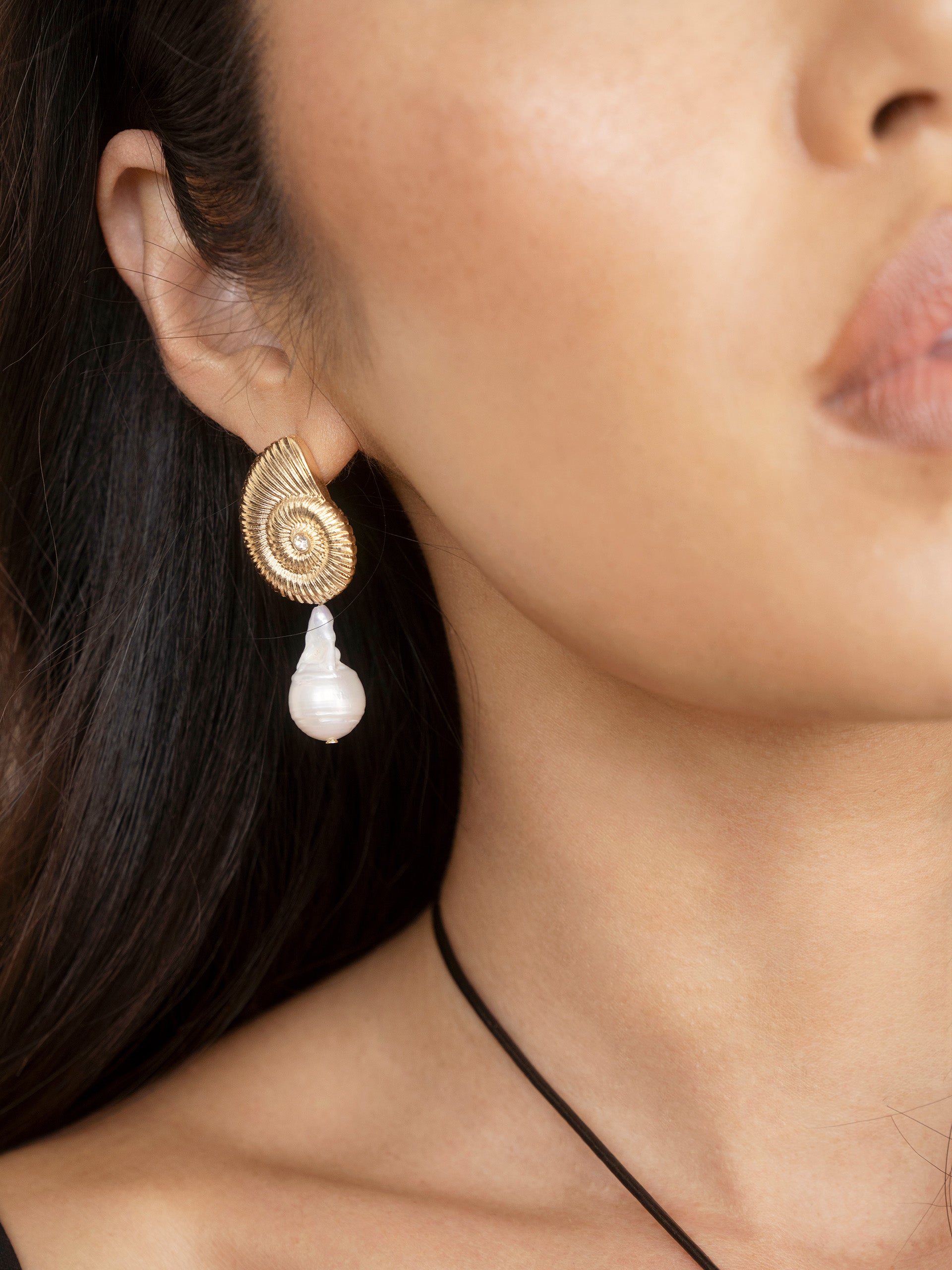 Nautilus Shell Freshwater Pearl Dangle Earrings on model 2