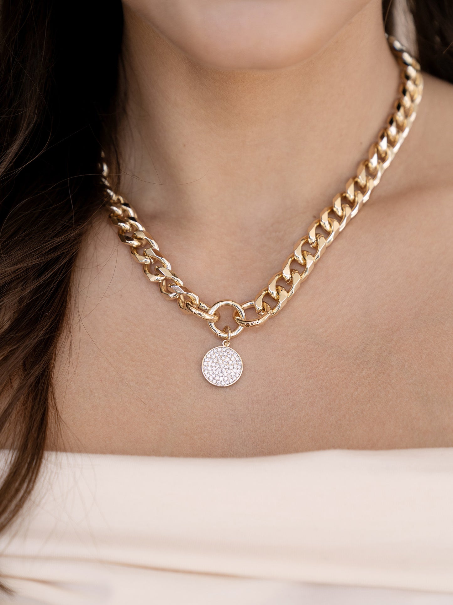 Crystal Disc Charm and Chain Necklace on model