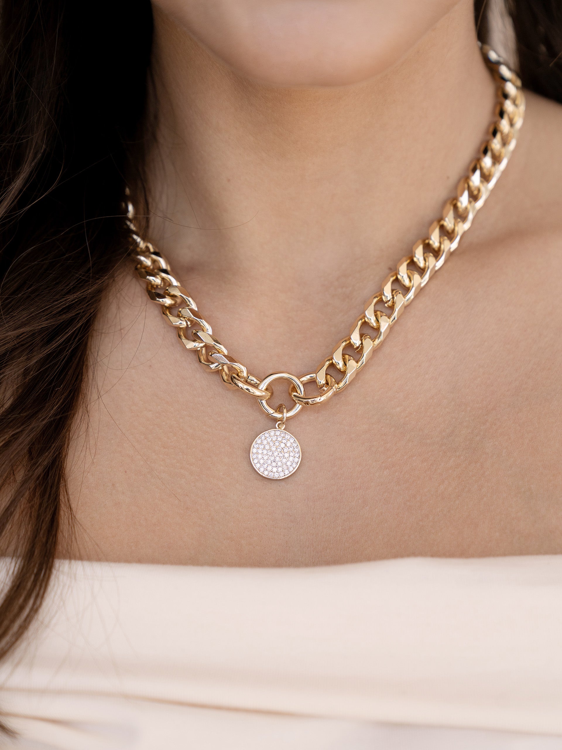 Crystal Disc Charm and Chain Necklace on model
