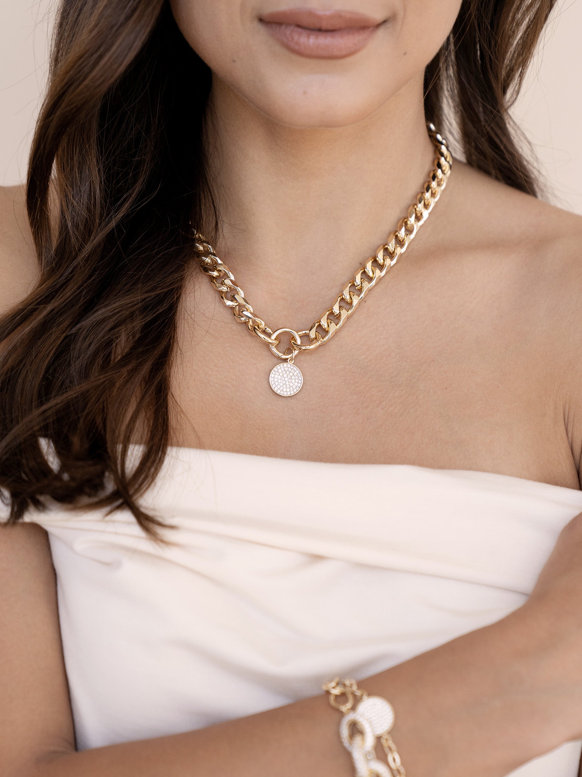 Crystal Disc Charm and Chain Necklace on model2