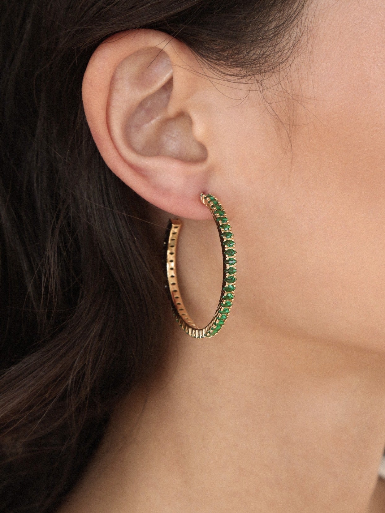 Emerald Marquise Hoops on model 3