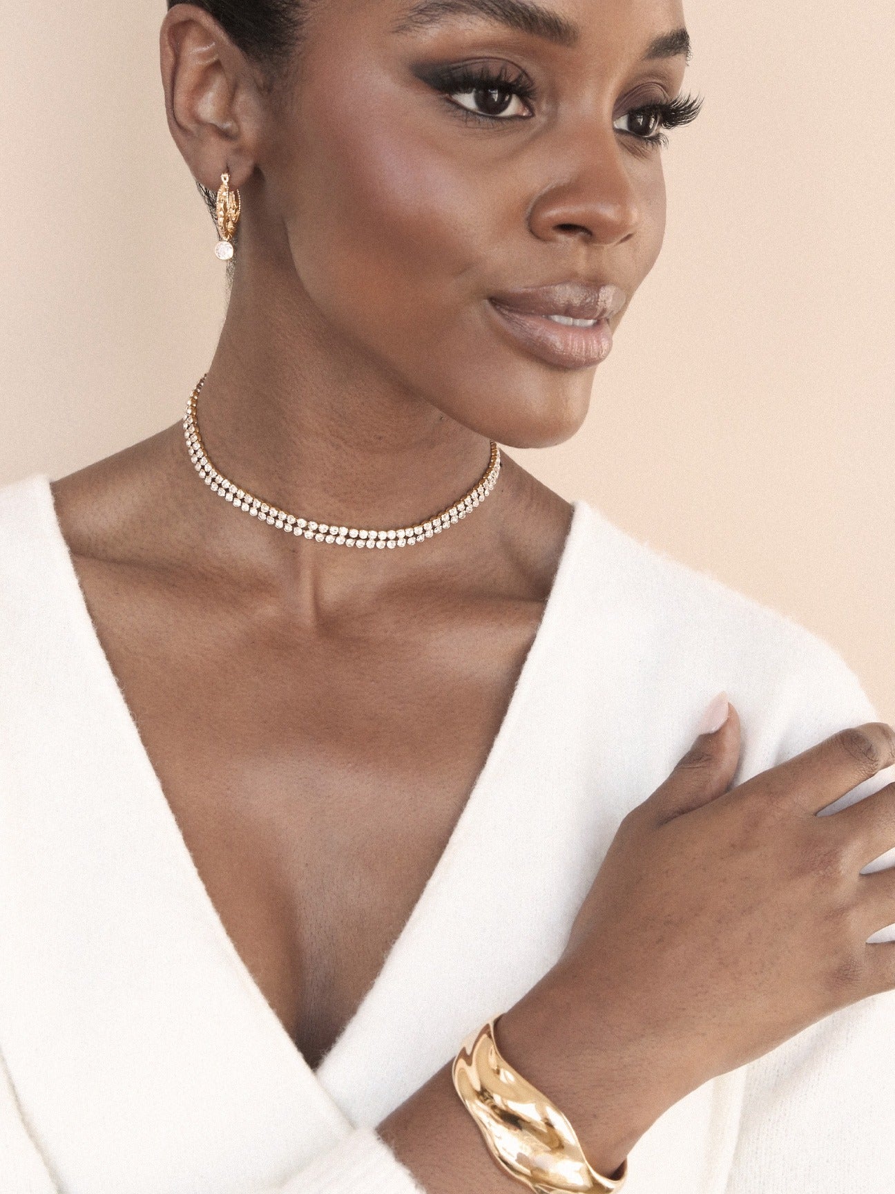 Two Rows of Crystal Sparkle Choker on model 4