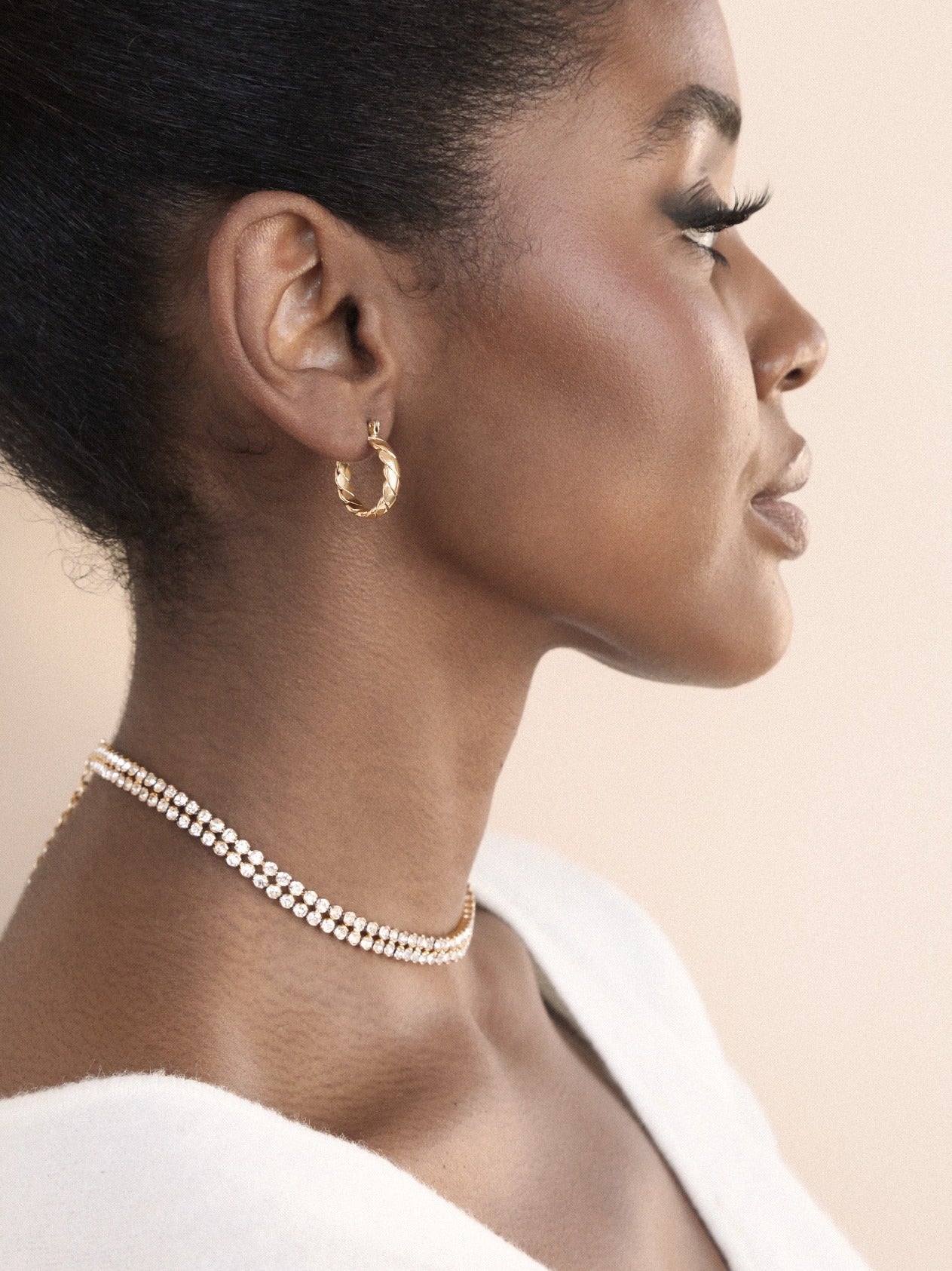 Two Rows of Crystal Sparkle Choker on model 5