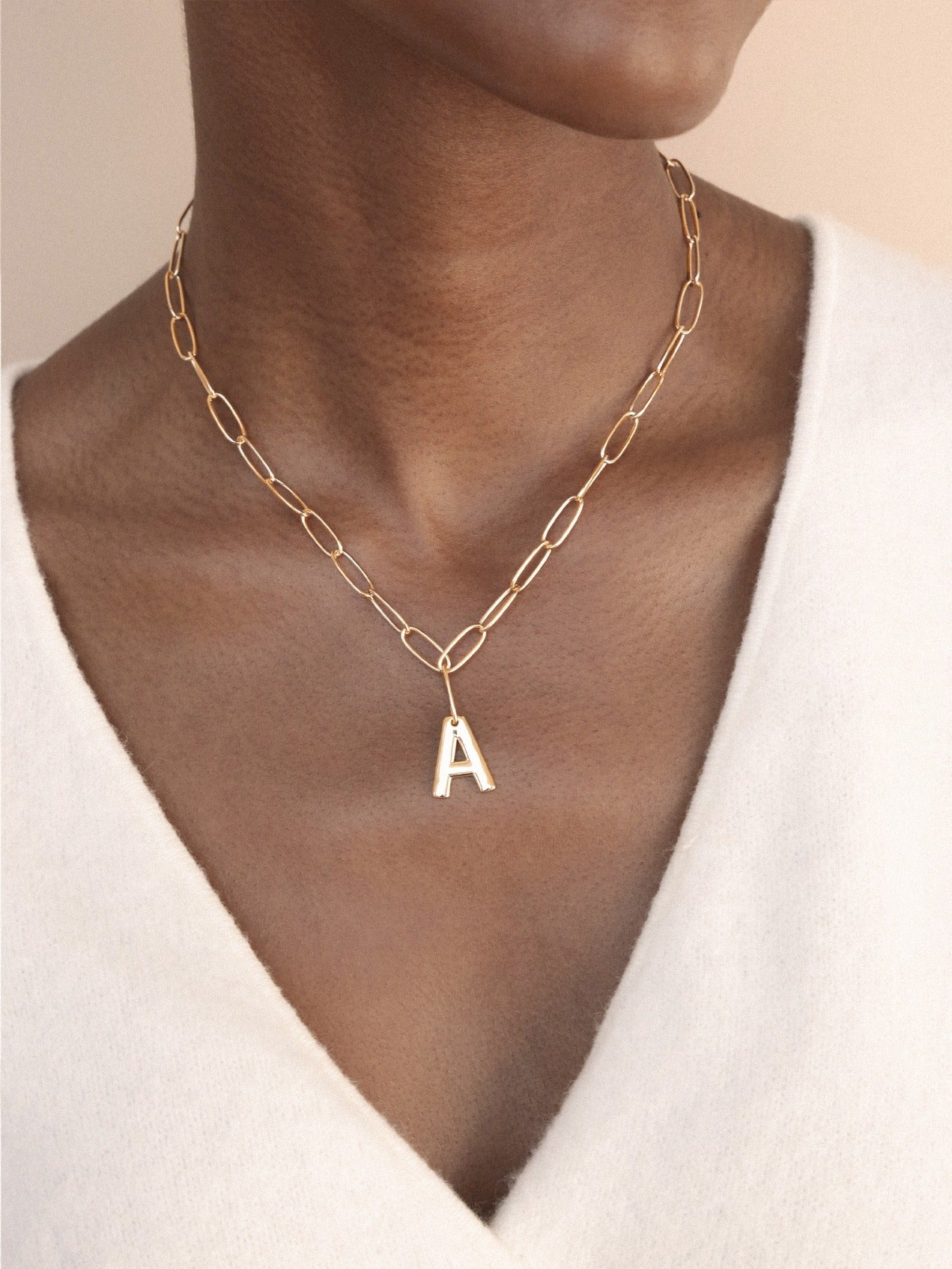 Paperclip Link Initial Necklace A on model