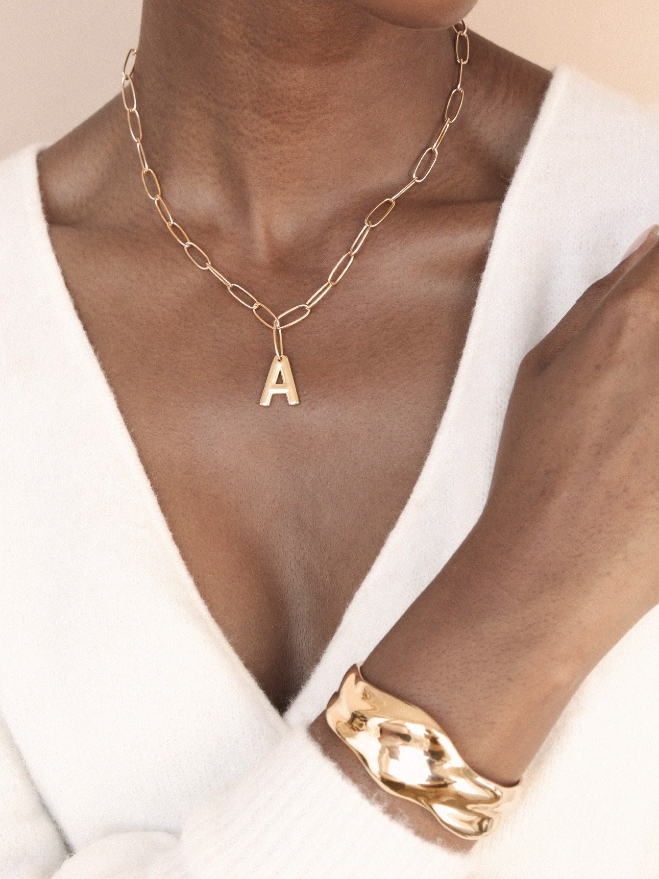 Paperclip Link Initial Necklace A on model 2