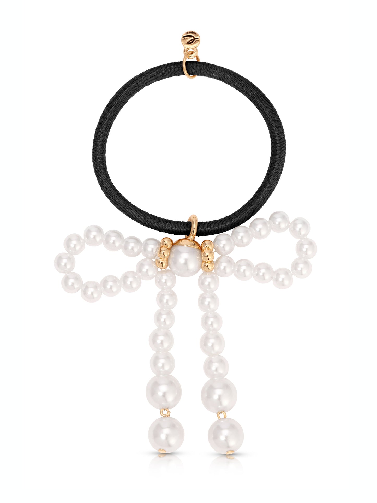 Aurora Pearl Bow Hair Tie Gold Tone with Black Elastic