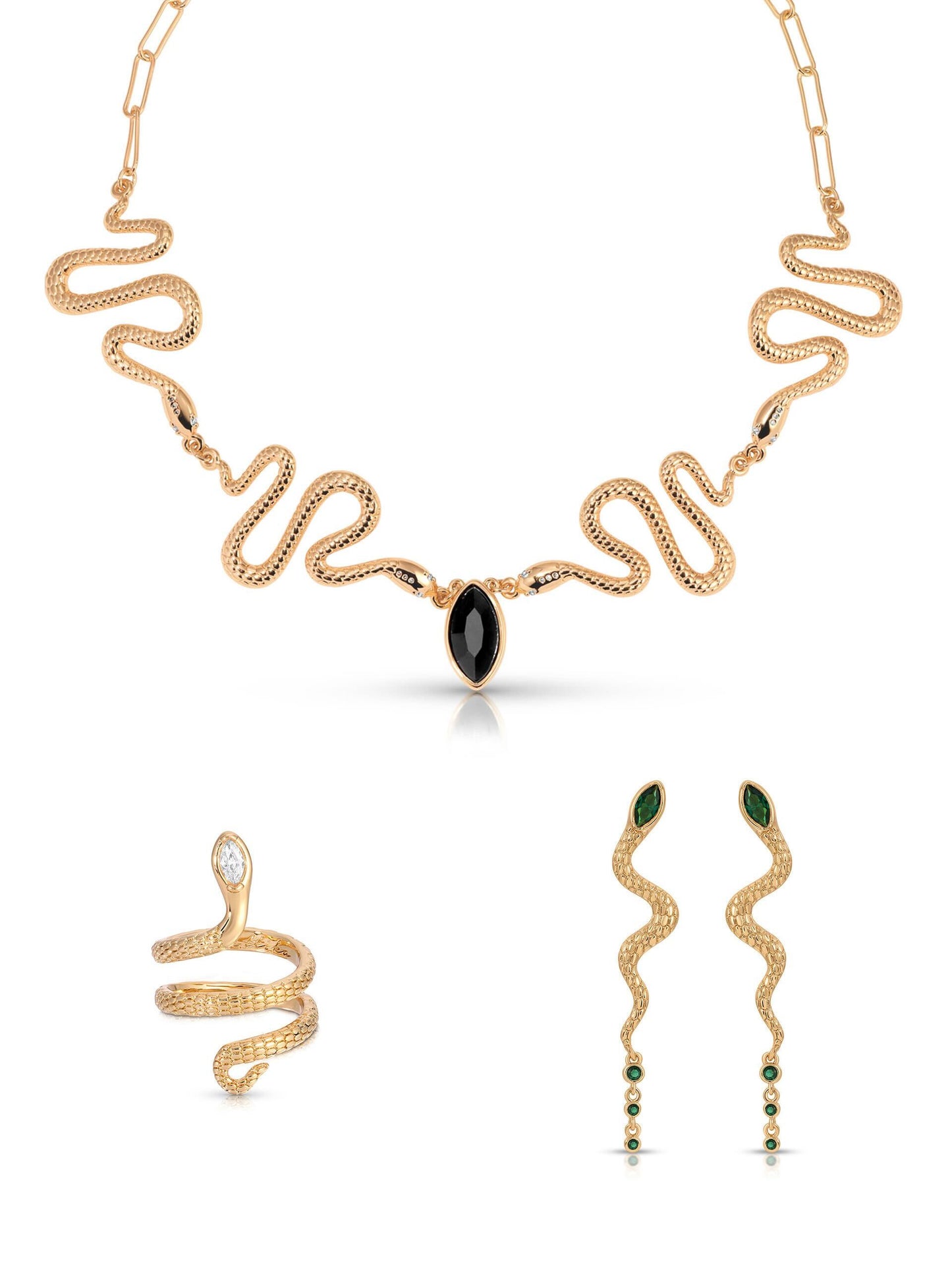 Gold snake-shaped jewelry set with a central black gemstone on a white background