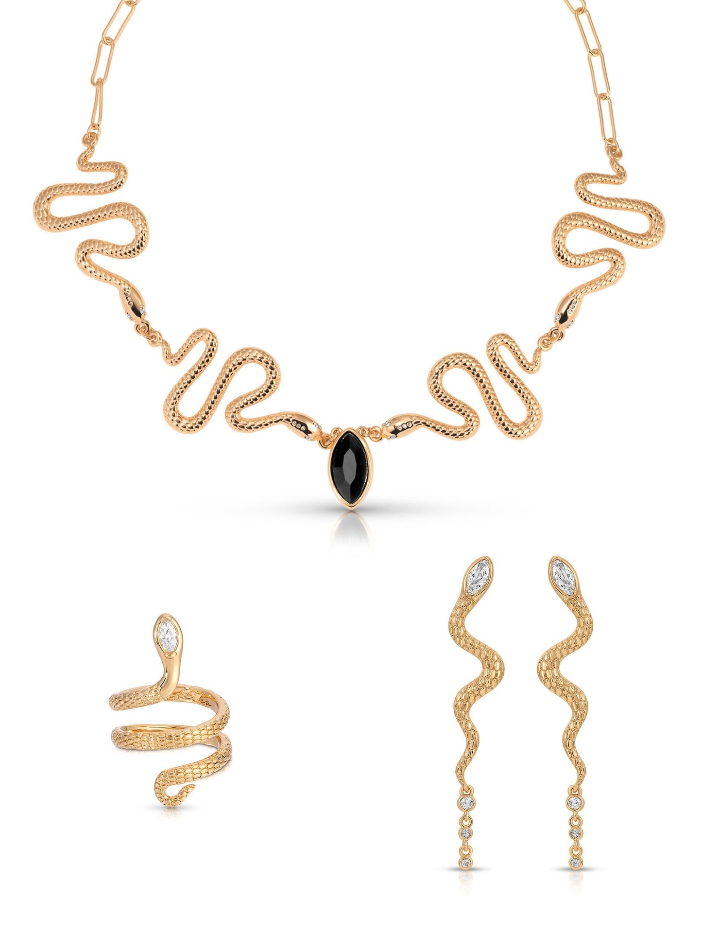Gold snake-shaped necklace and earrings with a central black gemstone on a white background