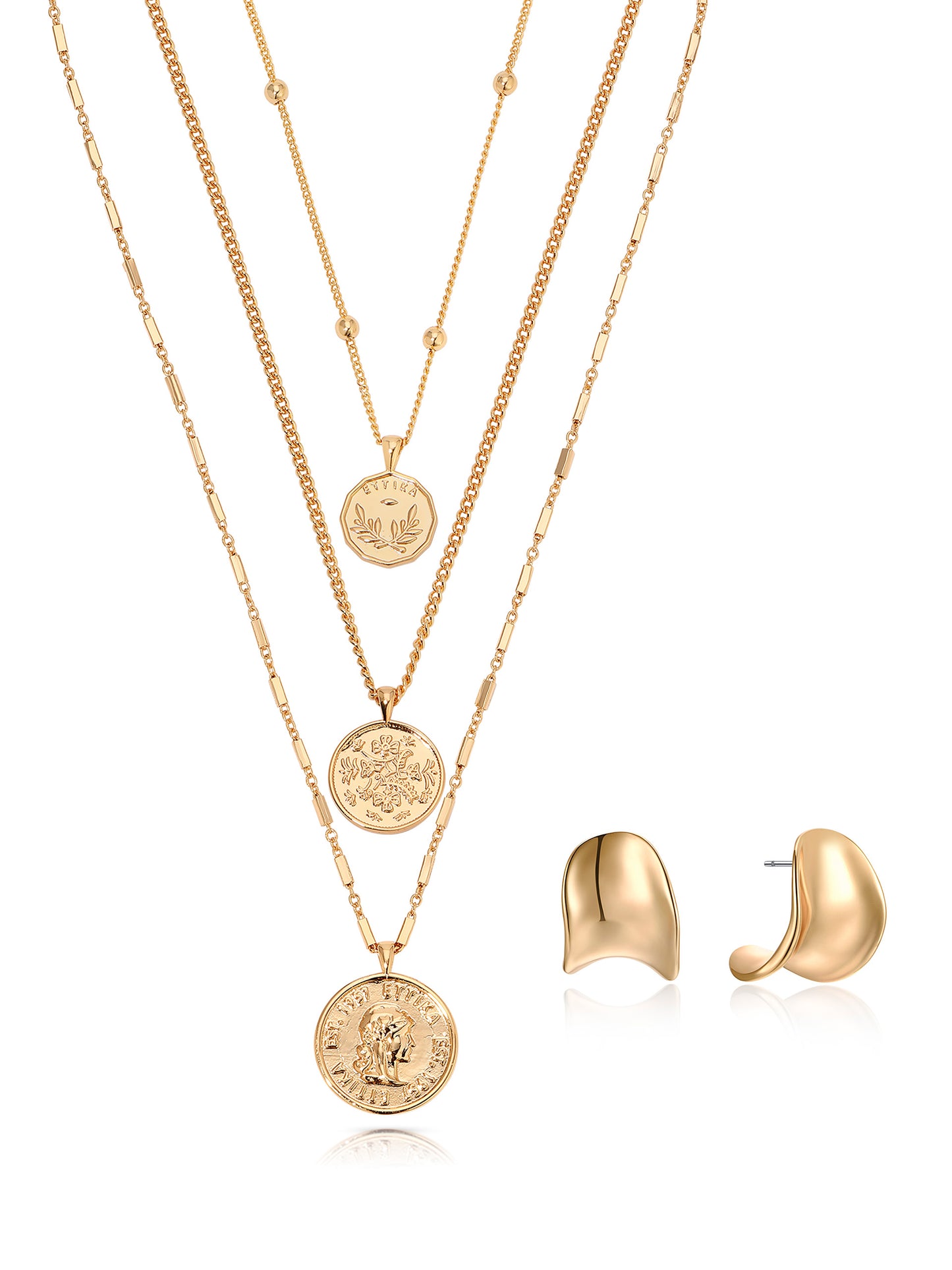Three Coins Layered Necklace Set & Curved Stud Earrings
