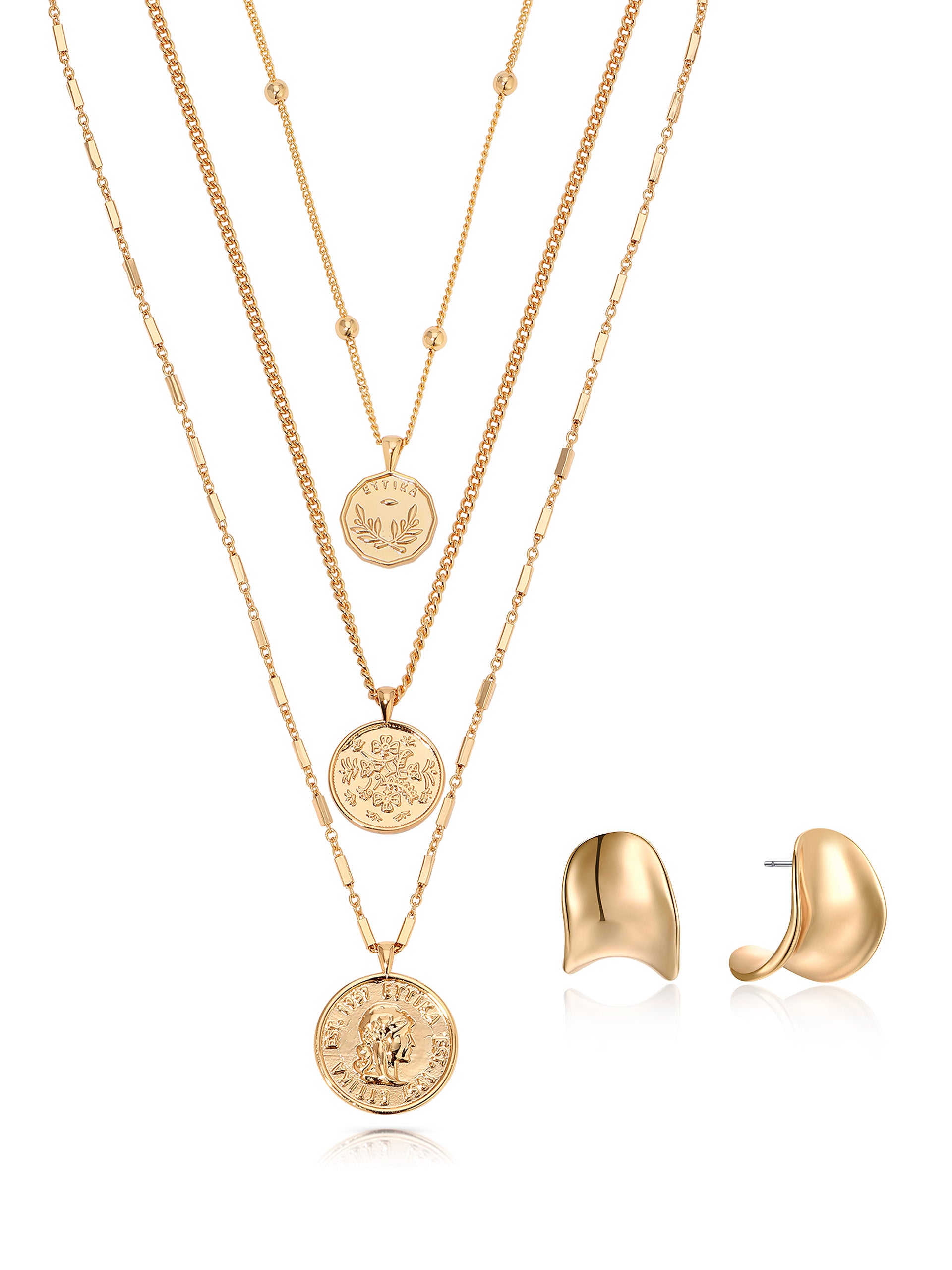 Three Coins Layered Necklace Set & Curved Stud Earrings