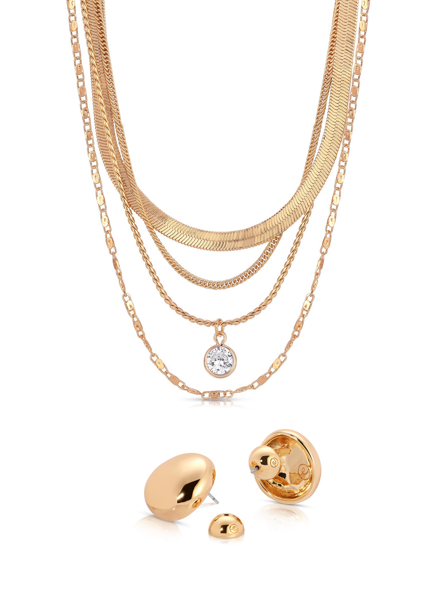 Layered Chains Necklace & Pebble Stud Earrings Set