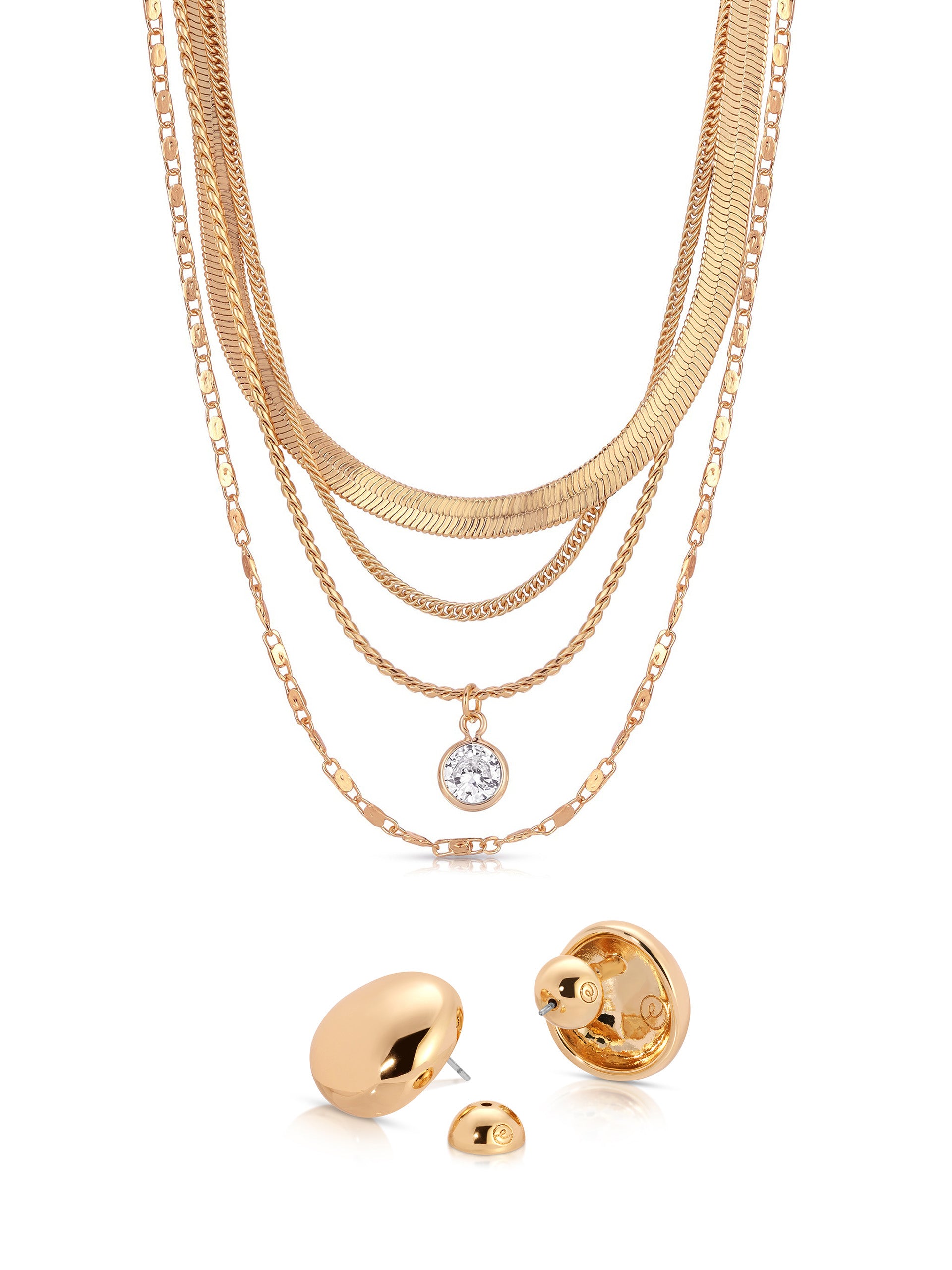 Layered Chains Necklace & Pebble Stud Earrings Set