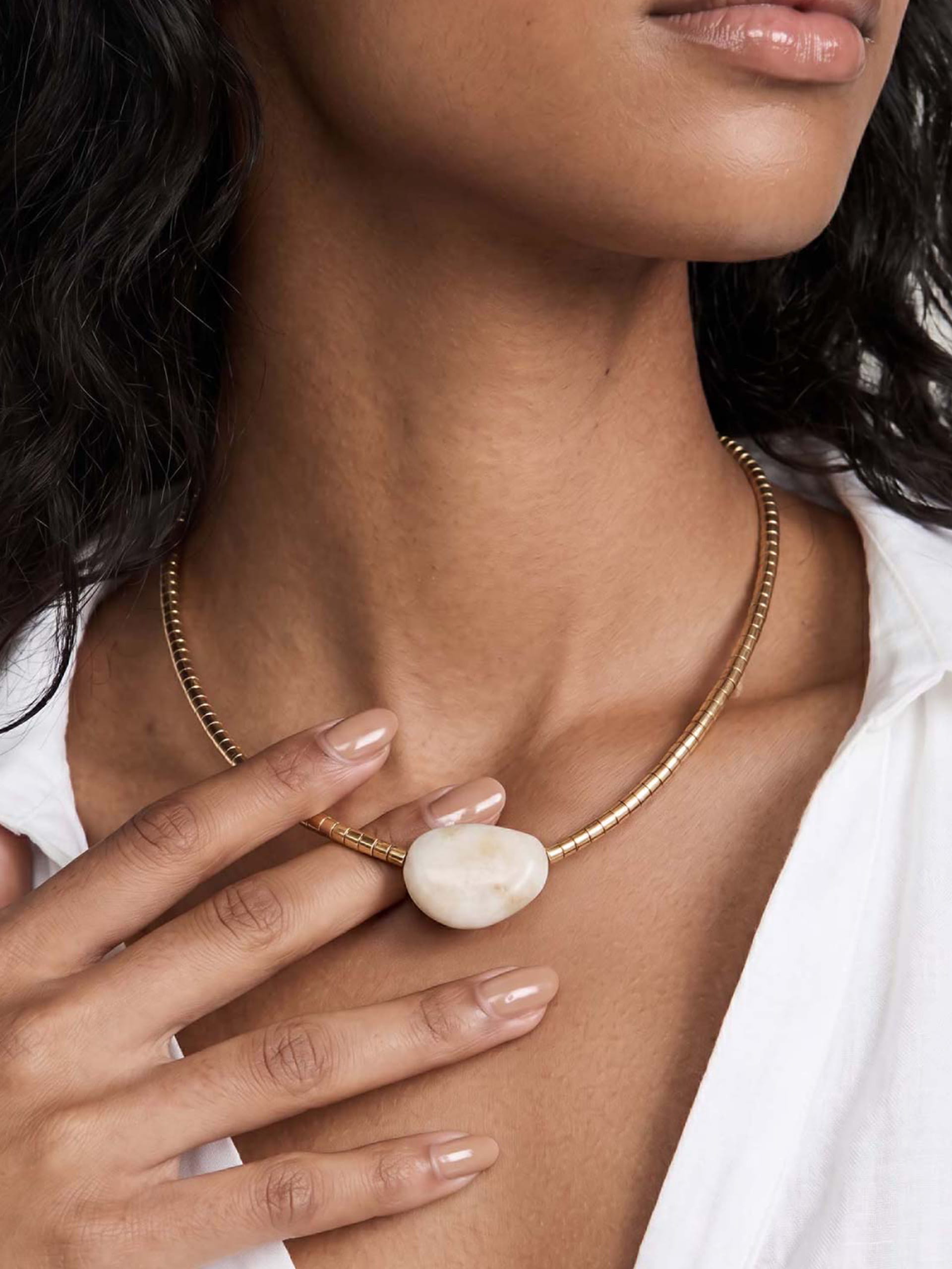 Gold Beaded Bone Nugget Necklace in Bone Stone with 18k Gold Plating model