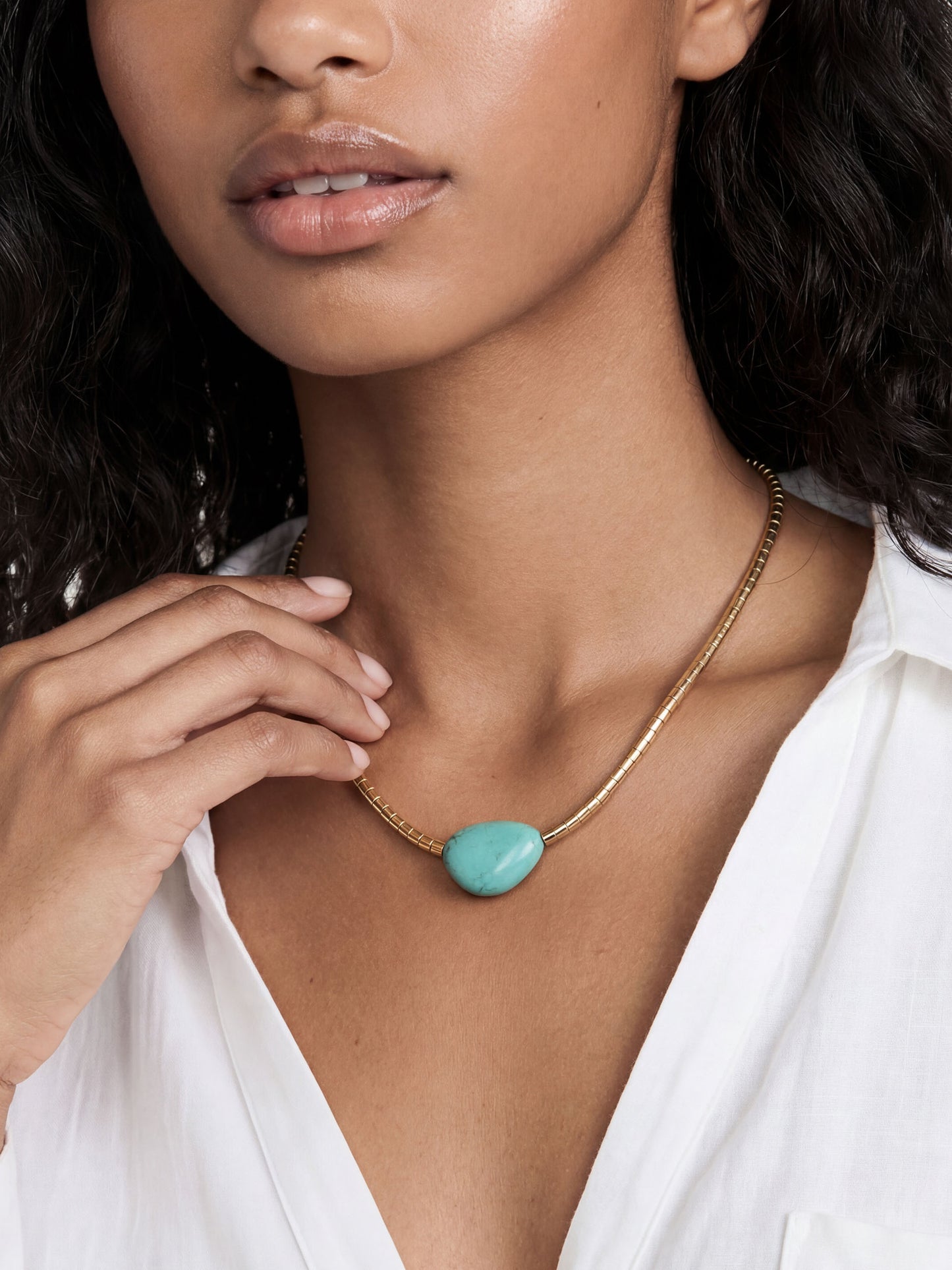 Gold Beaded Turquoise Nugget Necklace on model