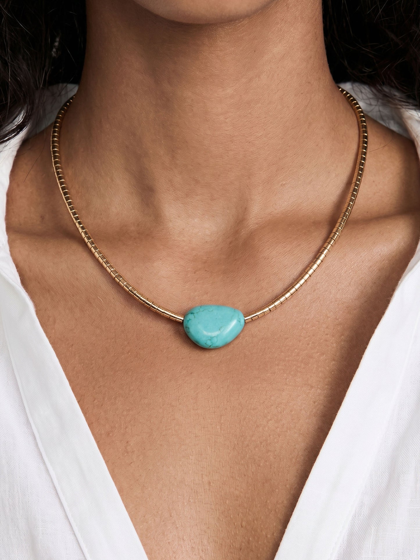 Gold Beaded Turquoise Nugget Necklace on model