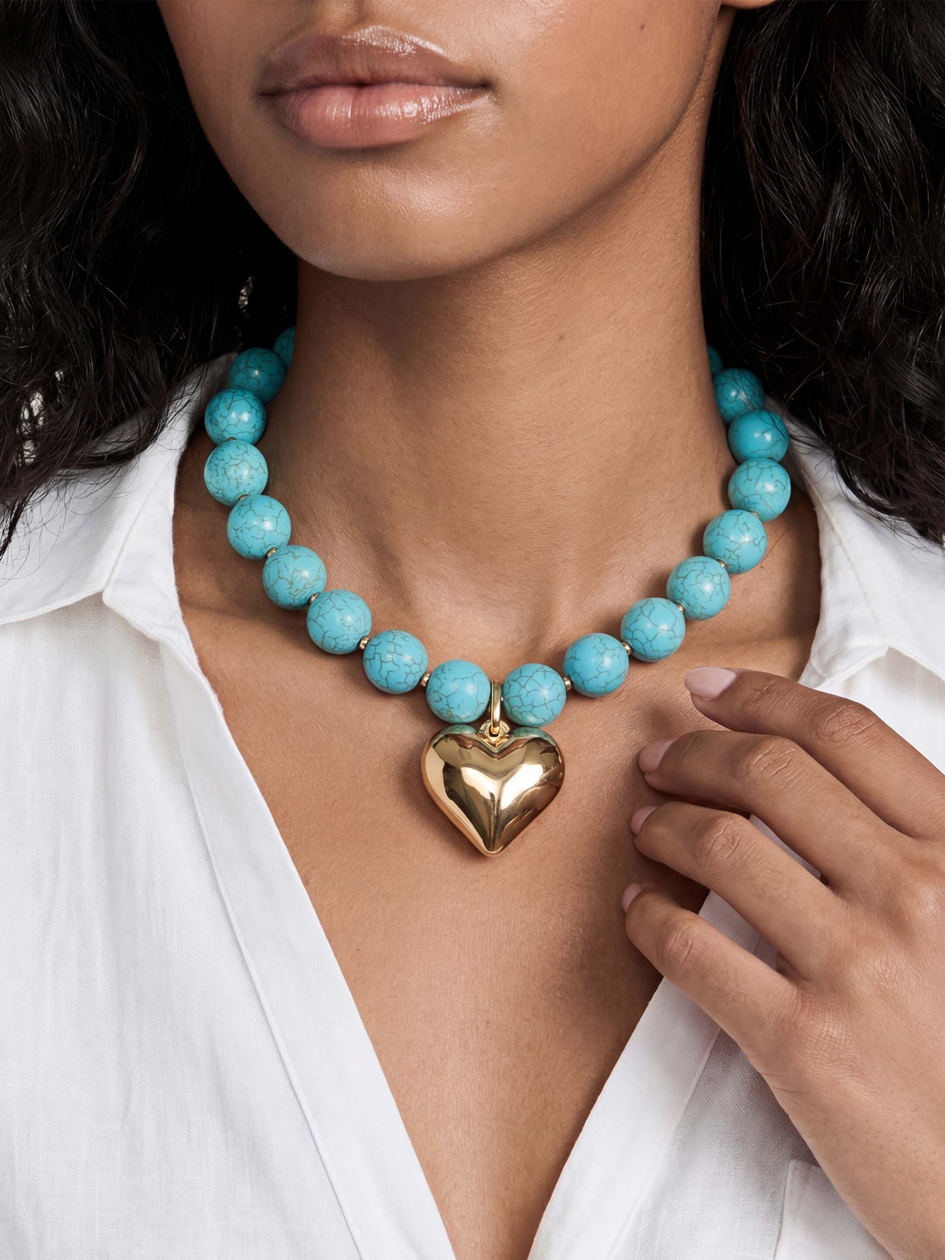 Luck and Love Turquoise Heart Necklace Turquoise with 18k Gold Plating on model 9