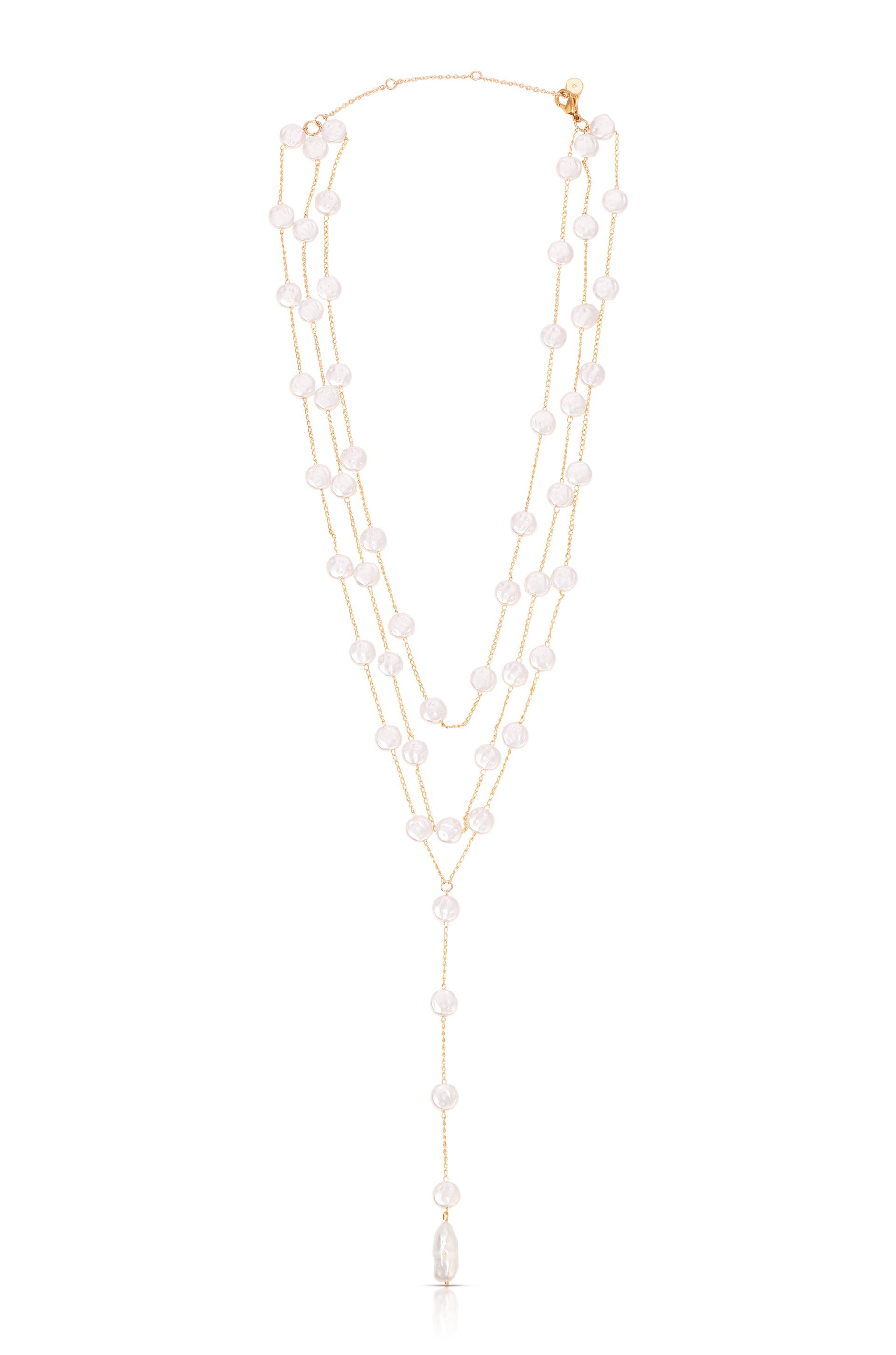 Pearl Coin Layered Lariat Necklace Pearl with 18k Gold Plating 2