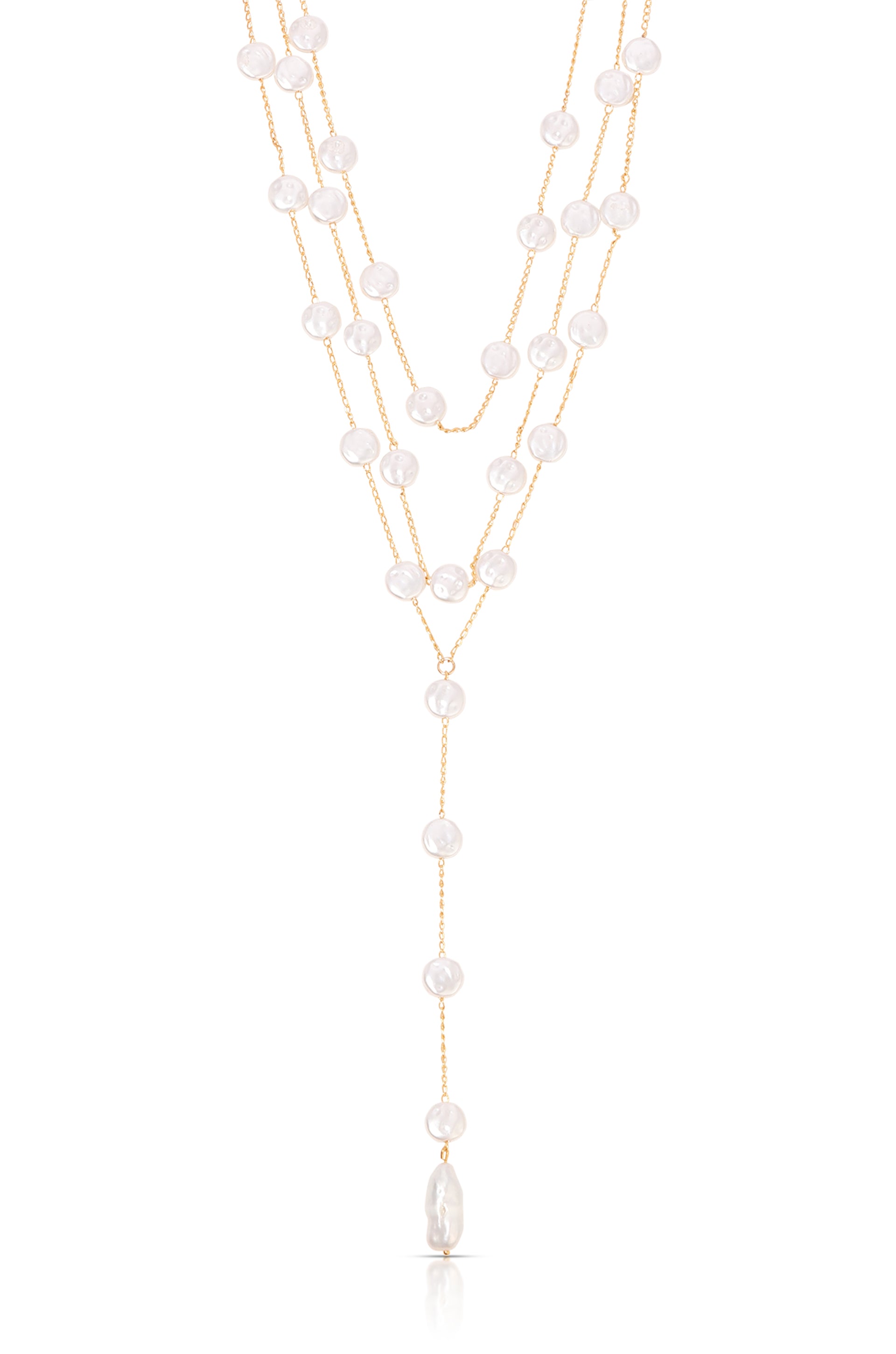 Pearl Coin Layered Lariat Necklace Pearl with 18k Gold Plating