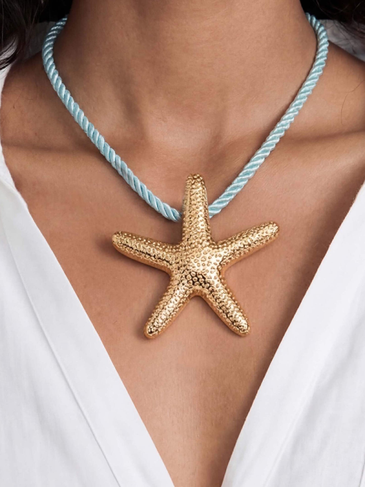 Starfish Statement Pendant Necklace Turquoise Rope with 18k Gold Plating model