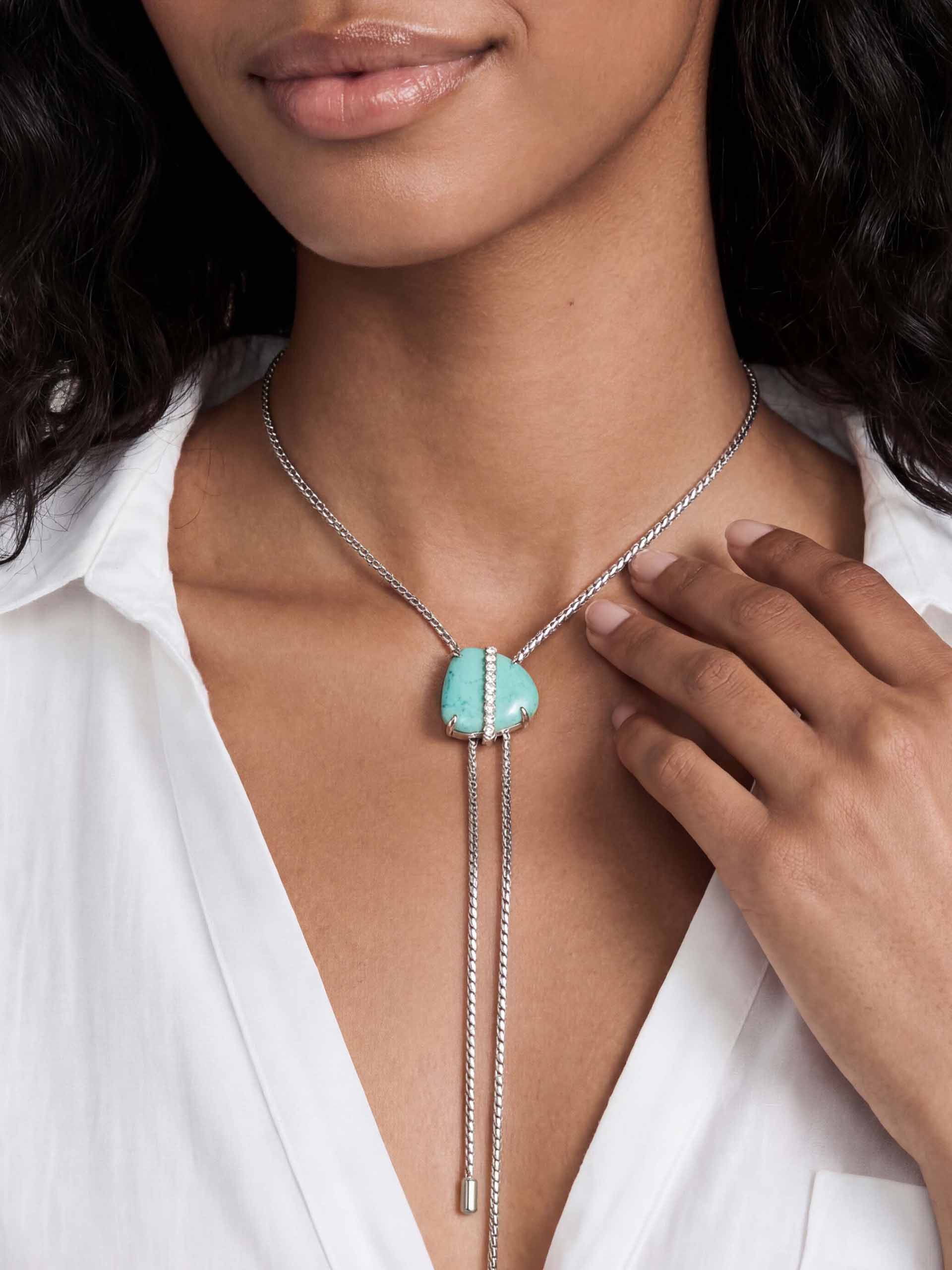 Turquoise Solstice Bolo Necklace Turquoise with Silver Plating on model 2