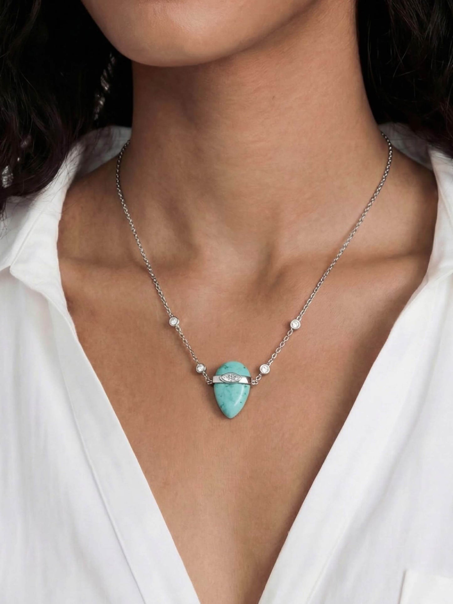 Turquoise Solstice Necklace Turquoise with Silver Plating on model 1