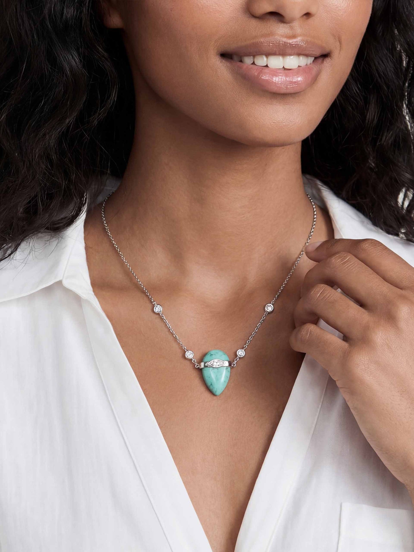 Turquoise Solstice Necklace Turquoise with Silver Plating on model 2