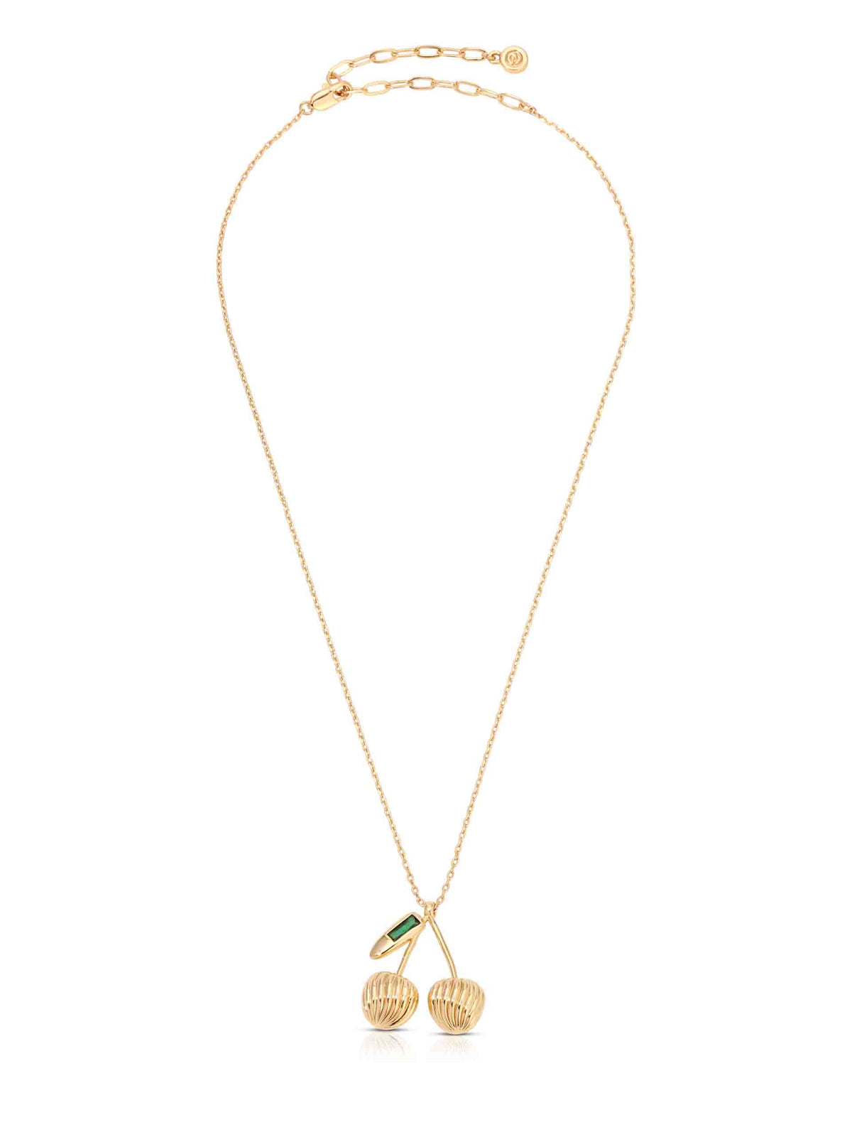 A delicate gold-tone necklace with a long fine chain and two textured round charms, joined by a small green leaf; elegant, playful jewelry on white.