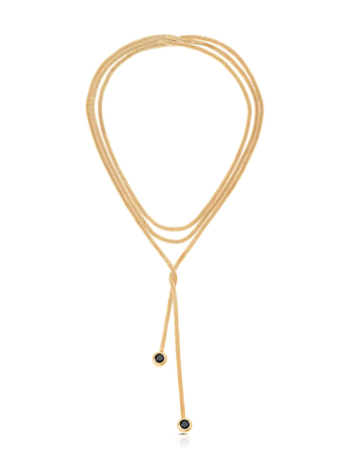 Delicate gold-toned lariat necklace on a white background, featuring a large loop, two dangling chains, and small black bead accents.