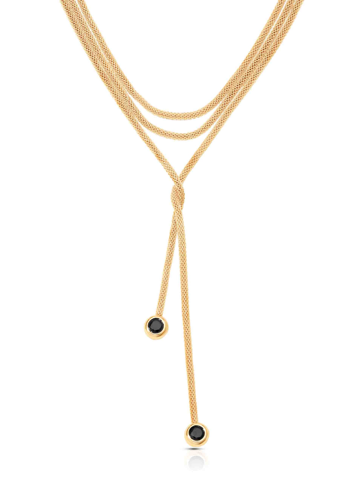 A gold Y-necklace featuring a textured chain with three draped strands and two drop ends, each ending in a small round black gemstone bezel, set against a solid white background.