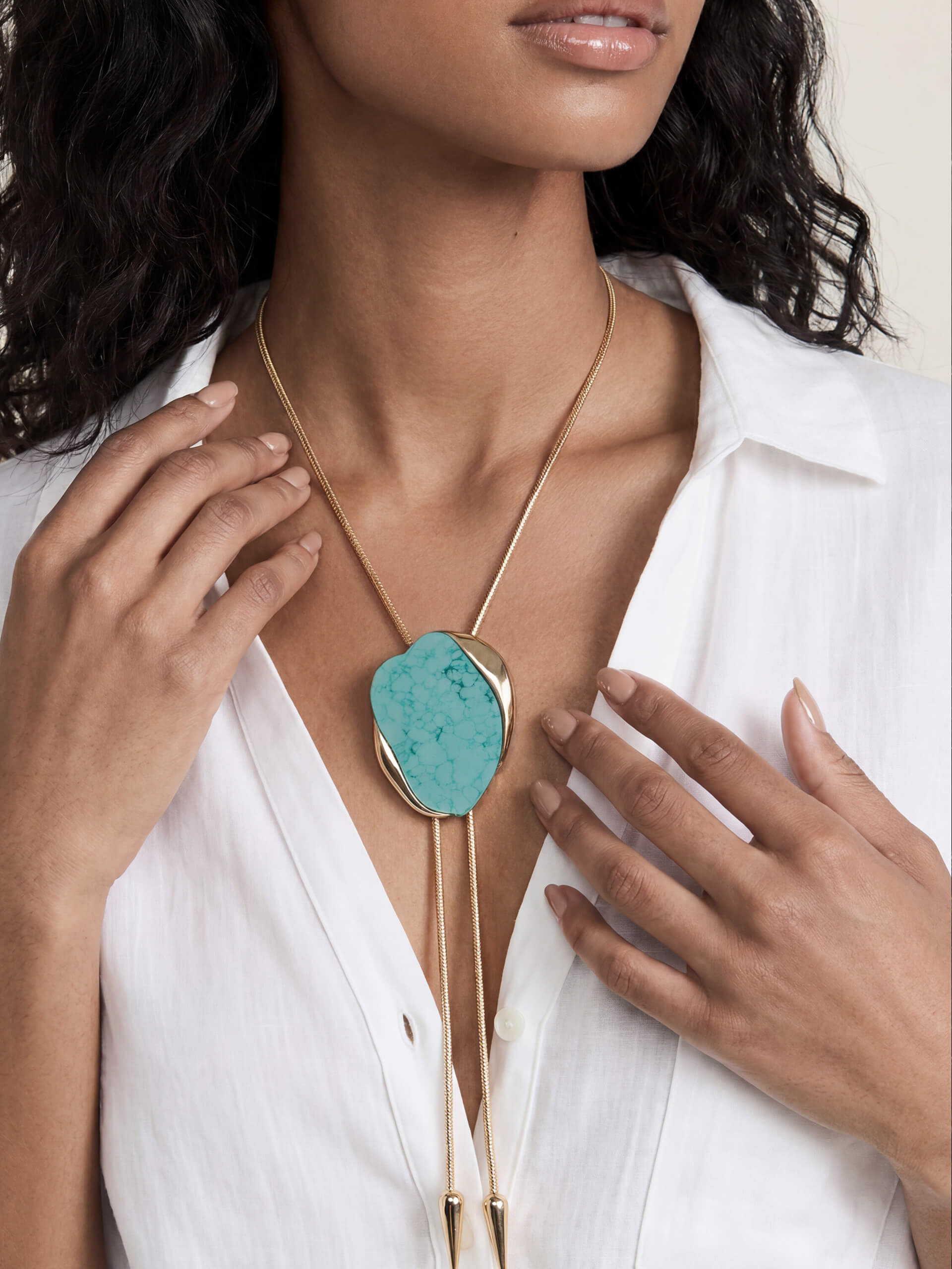 Turquoise Statement Bolo Necklace on model