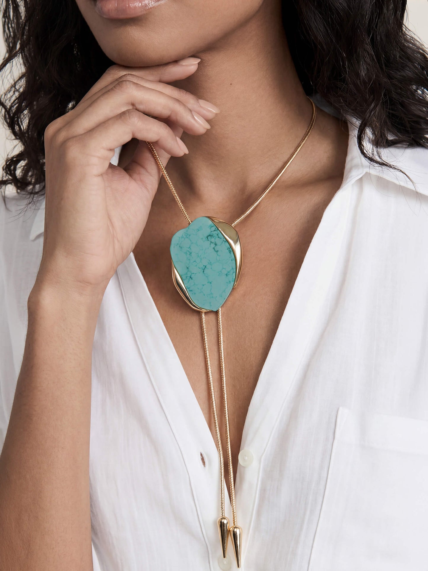 Turquoise Statement Bolo Necklace on model 2