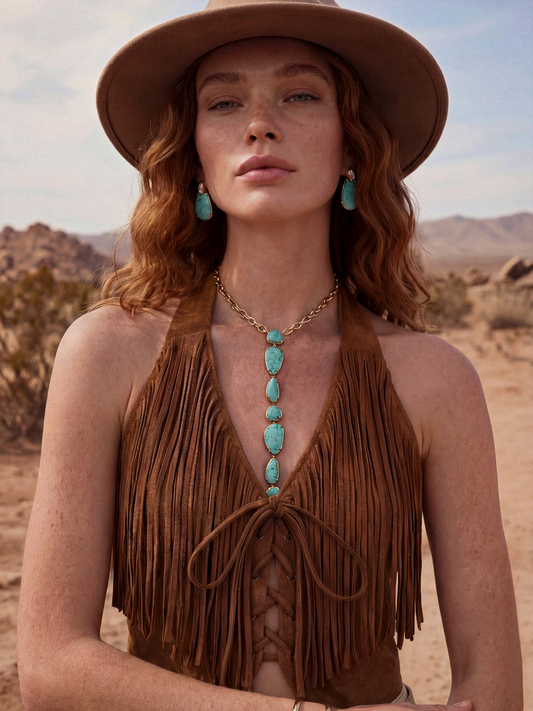 Model wearing long turquoise statement necklace and earrings in desert