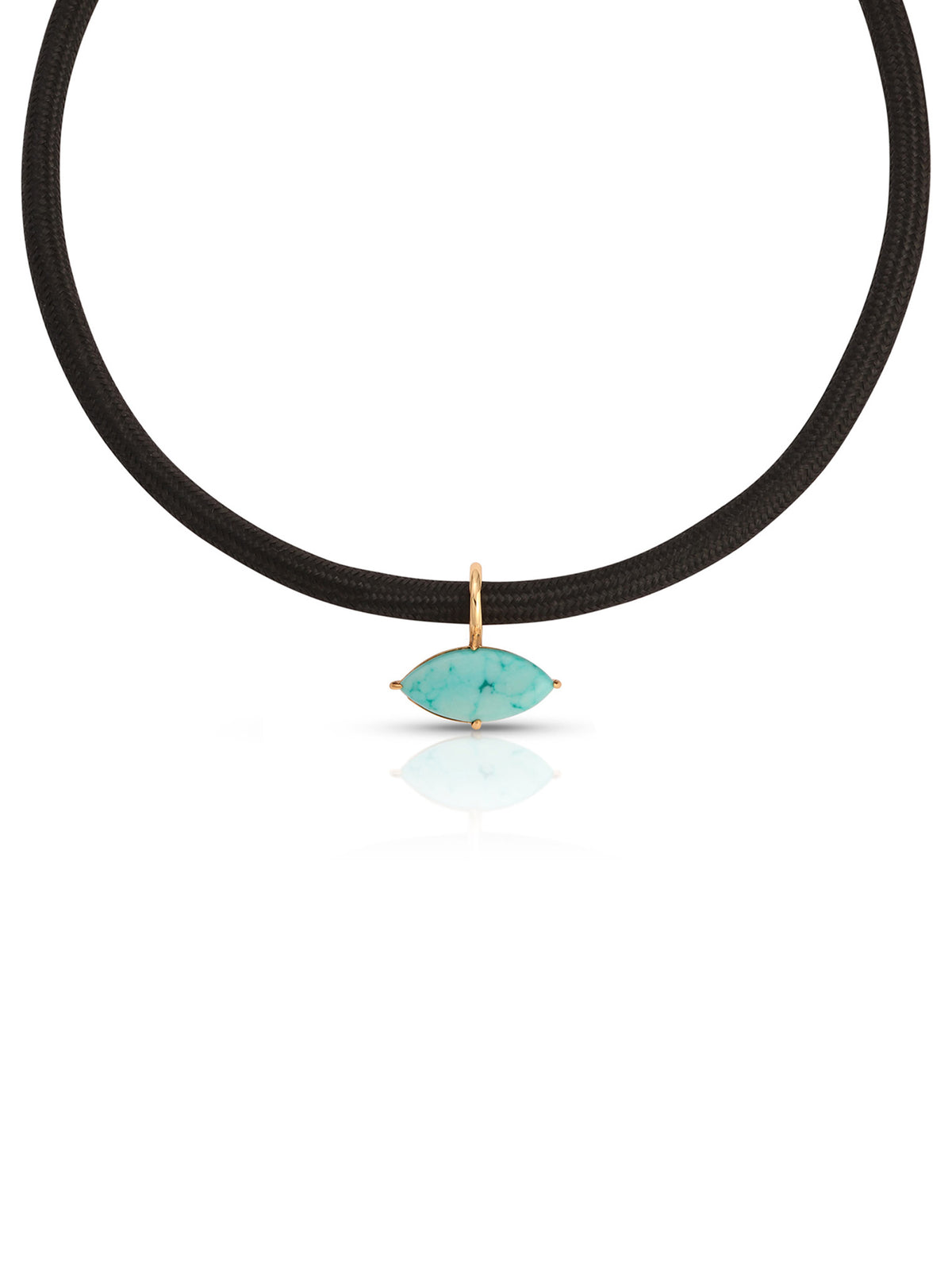 A black cord necklace with gold-tone chain extensions and a small turquoise fish-shaped pendant, photographed against a white background for a clean, elegant look.