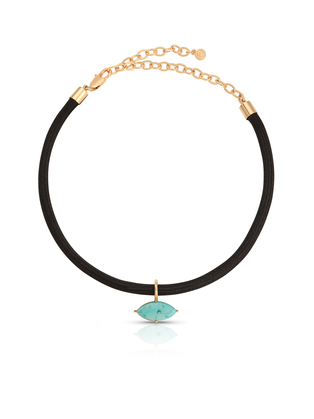 A black cord necklace with gold-tone chain extensions and a small turquoise fish-shaped pendant, photographed against a white background for a clean, elegant look.