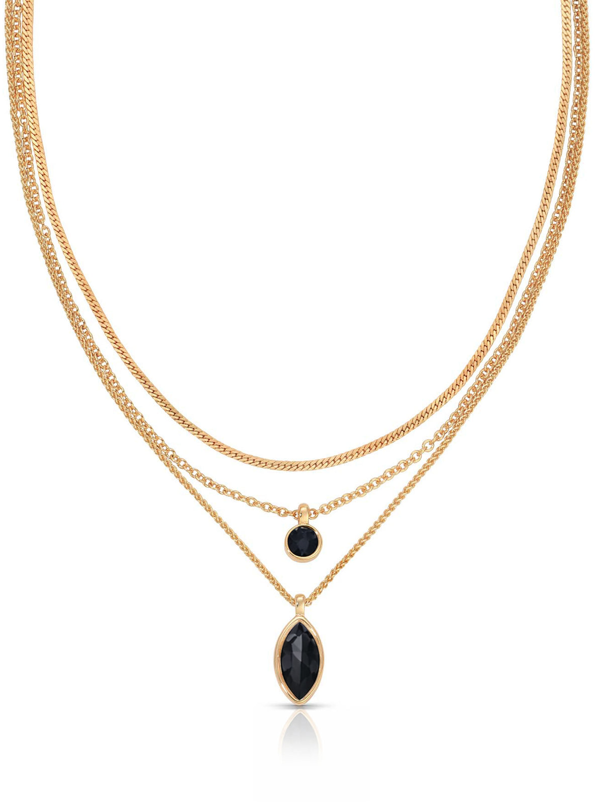 Elegant gold layered necklace with two fine chains, a black bead accent, and an elongated black teardrop pendant on a white background.