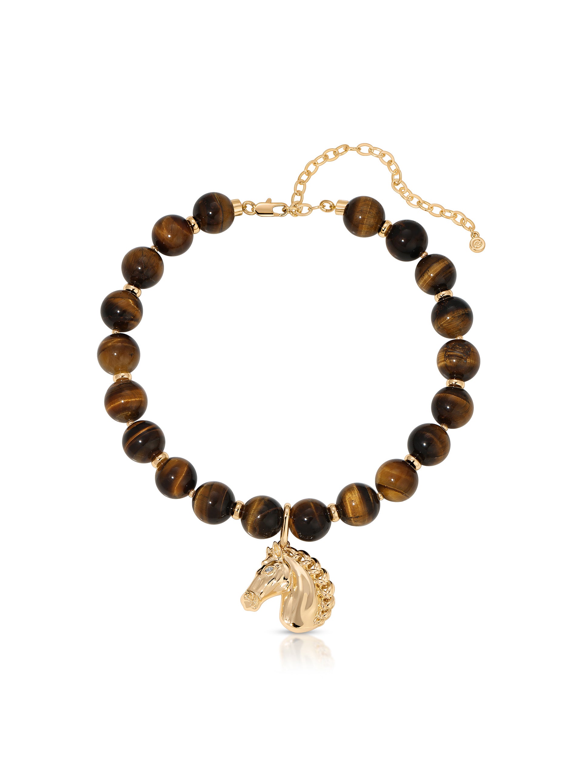 A beaded bracelet featuring round brown tiger's eye beads and a gold-toned horse head charm, displayed on a clean white background.
