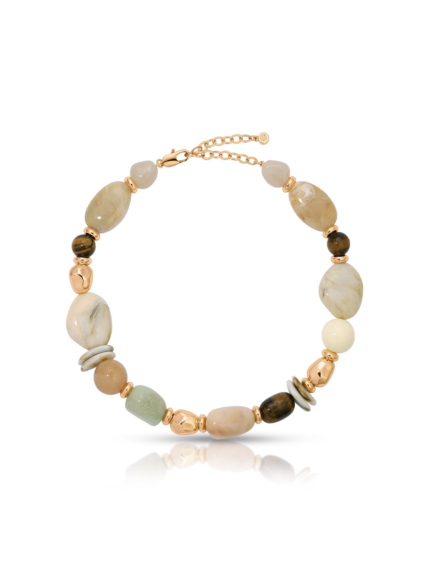 A beaded necklace featuring a mix of polished stone beads in beige, green, and brown, accented by gold-toned spacer beads and a gold chain clasp, shown on a white background with a soft reflection.