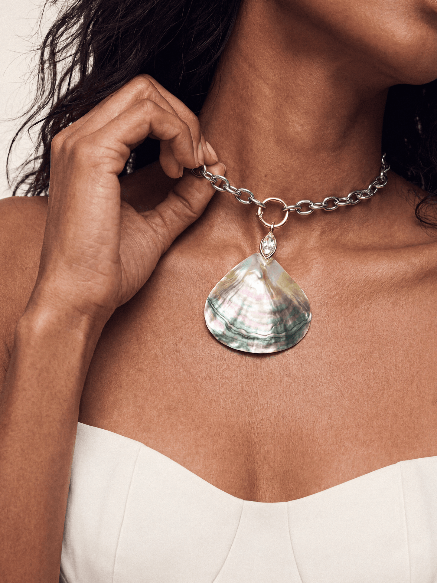 Mixed Metal Shell Statement Necklace on model 2