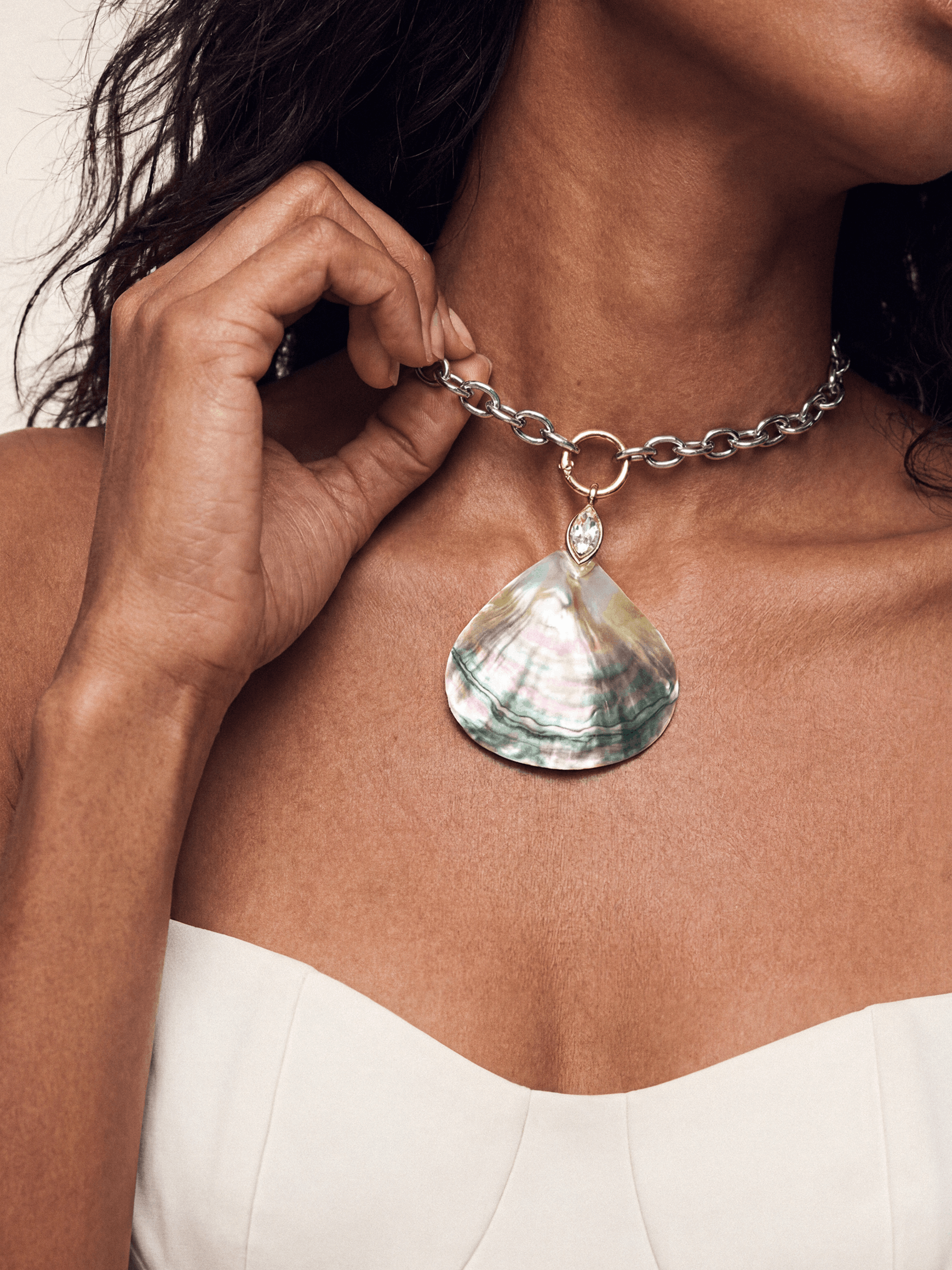 Mixed Metal Shell Statement Necklace on model 2